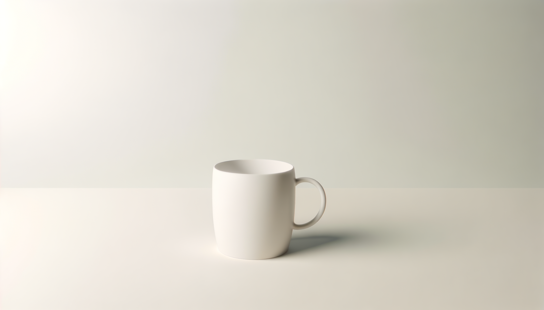 White ceramic mug on a flat surface with a shadow, against a plain neutral background.