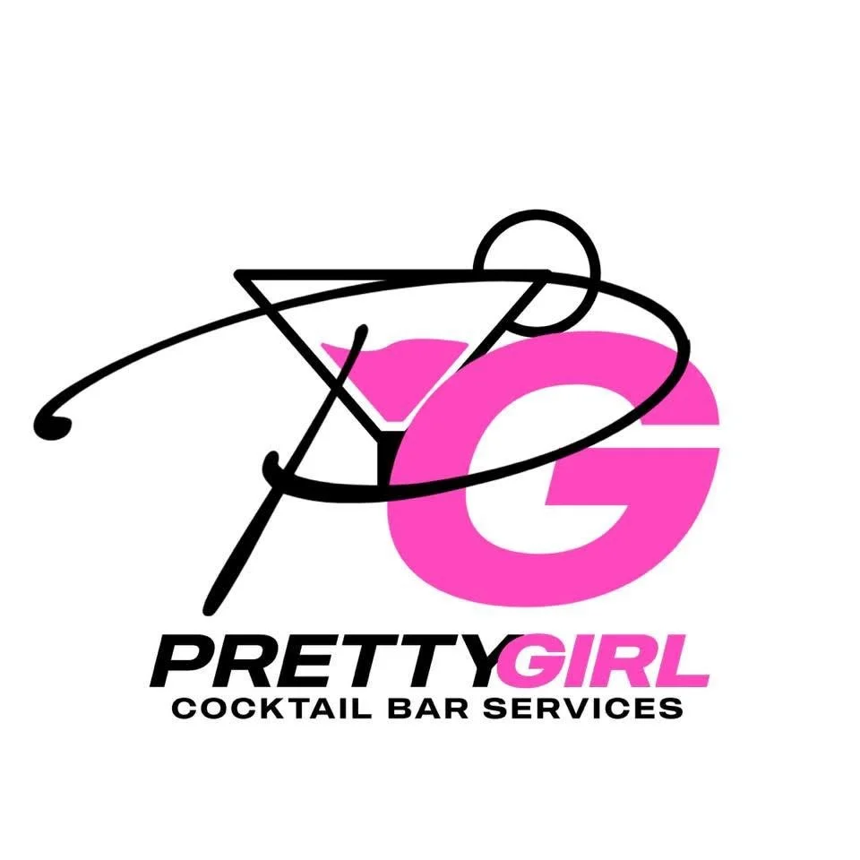 Logo for Pretty Girl Cocktail Bar Services, featuring a pink large letter G, a black Martini glass, and pink and black text.