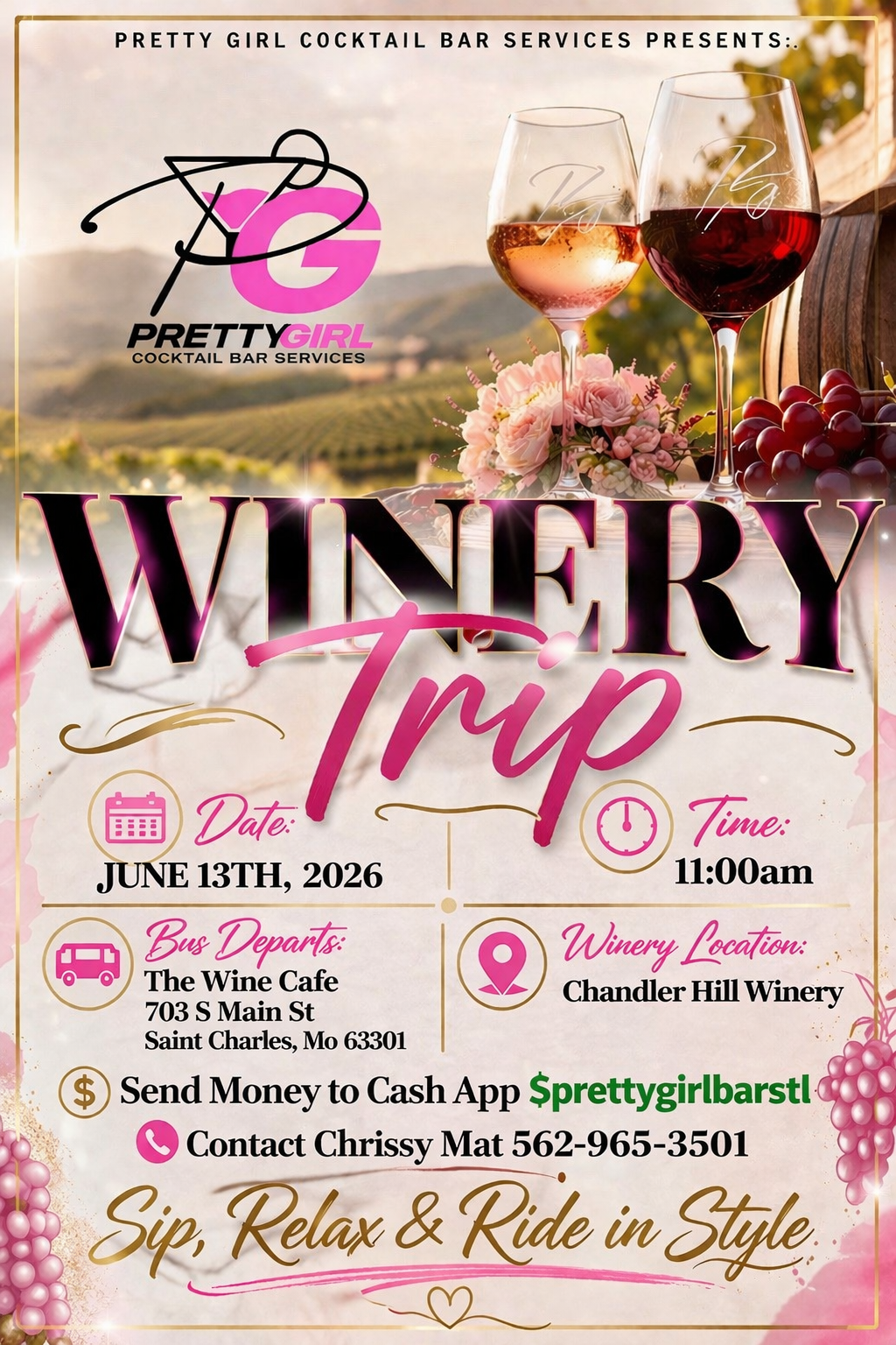 Flyer for a winery trip event featuring pink and black text, two glasses of wine on a table with pink flowers and grapes, details about date, time, and location, with icons for calendar, time, bus, location, and contact information.