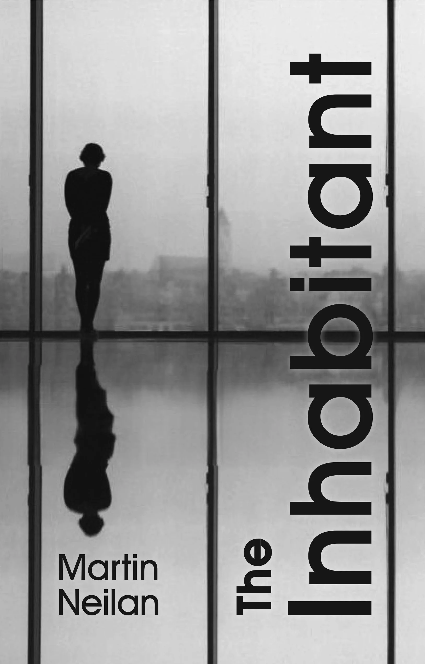 Silhouette of a woman standing in front of large windows with cityscape background, artwork titled 'The Inhabitant' by Martin Neilan written vertically.