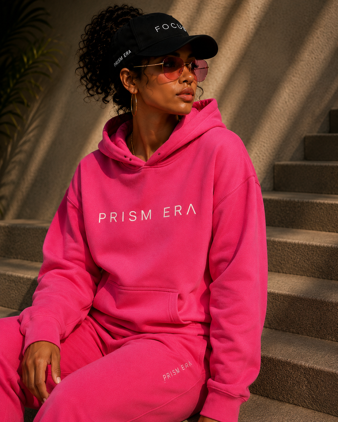 A woman sitting on staircase wearing a pink hoodie and matching sweatpants with "PRISM ERA" written on them, pink-tinted sunglasses, large hoop earrings, and a black baseball cap with "FOCUS" written on it.
