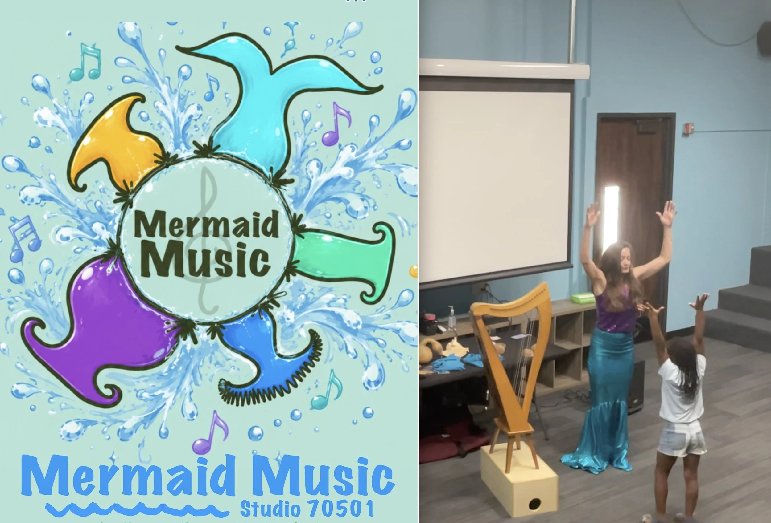 Left side shows a colorful graphic design with a mermaid tail, musical notes, and water splashes, reading 'Mermaid Music Studio 70501'. Right side shows a woman in a mermaid costume performing in a classroom or studio with a projector screen, a wooden stage, and children watching.