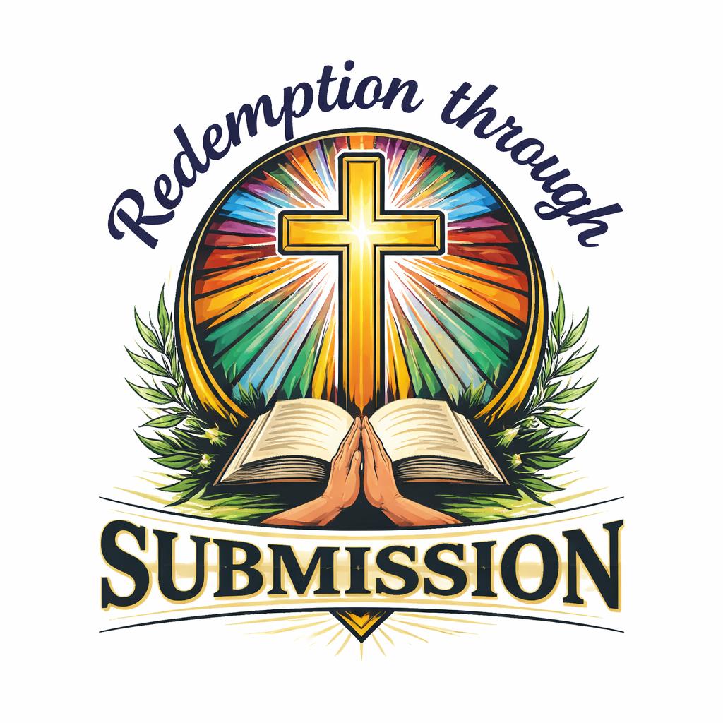 A religious-themed graphic featuring an open Bible, praying hands, a glowing cross, and colorful rays of light with green leafy accents, with the words "Redemption through Submission" and "SUBMISSION".