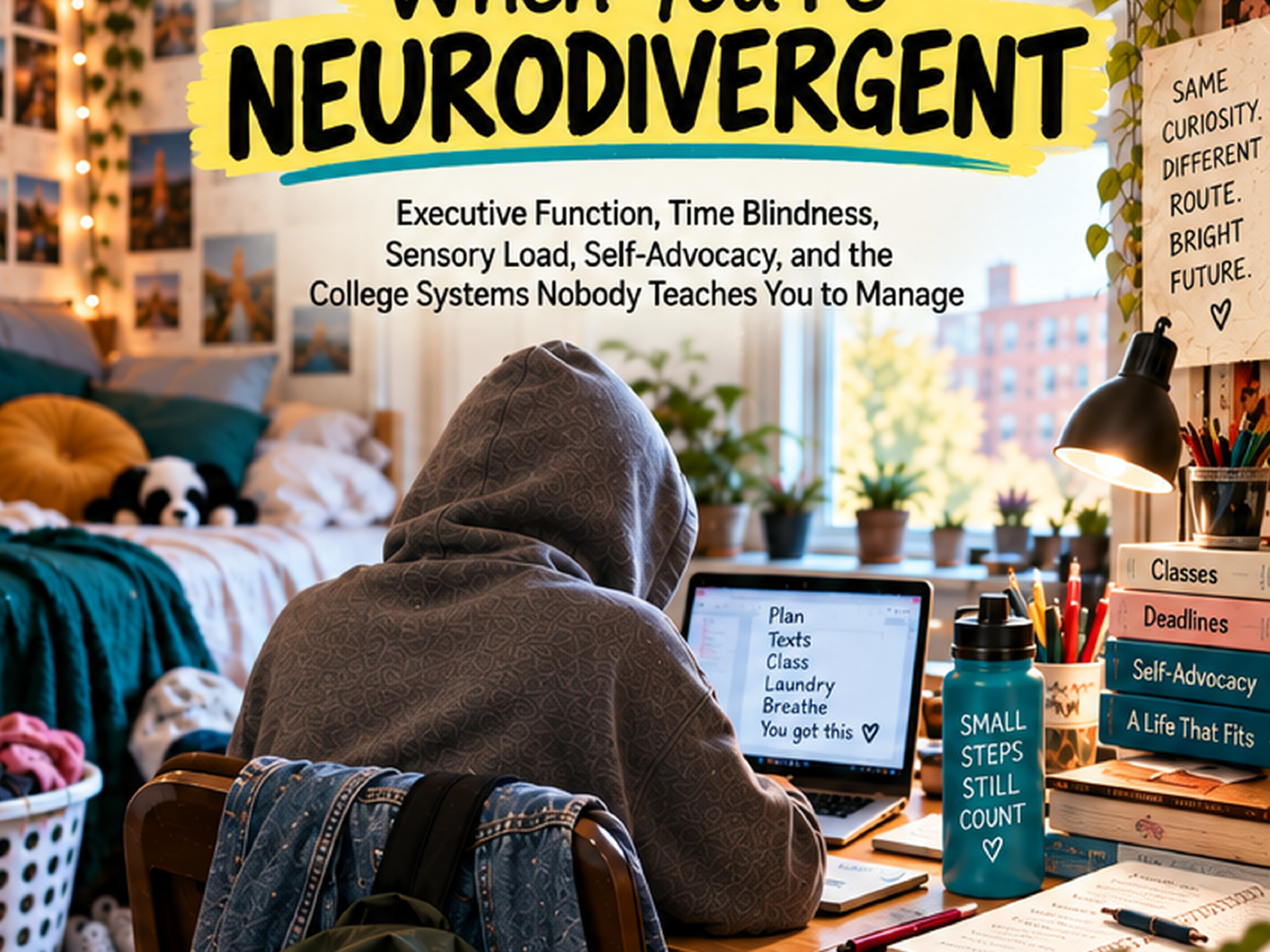 A person wearing a hoodie sits at a cluttered desk with a laptop, surrounded by books, a water bottle, and stationery, in a room with a bed, photos, and string lights, with sunlight coming through a window.