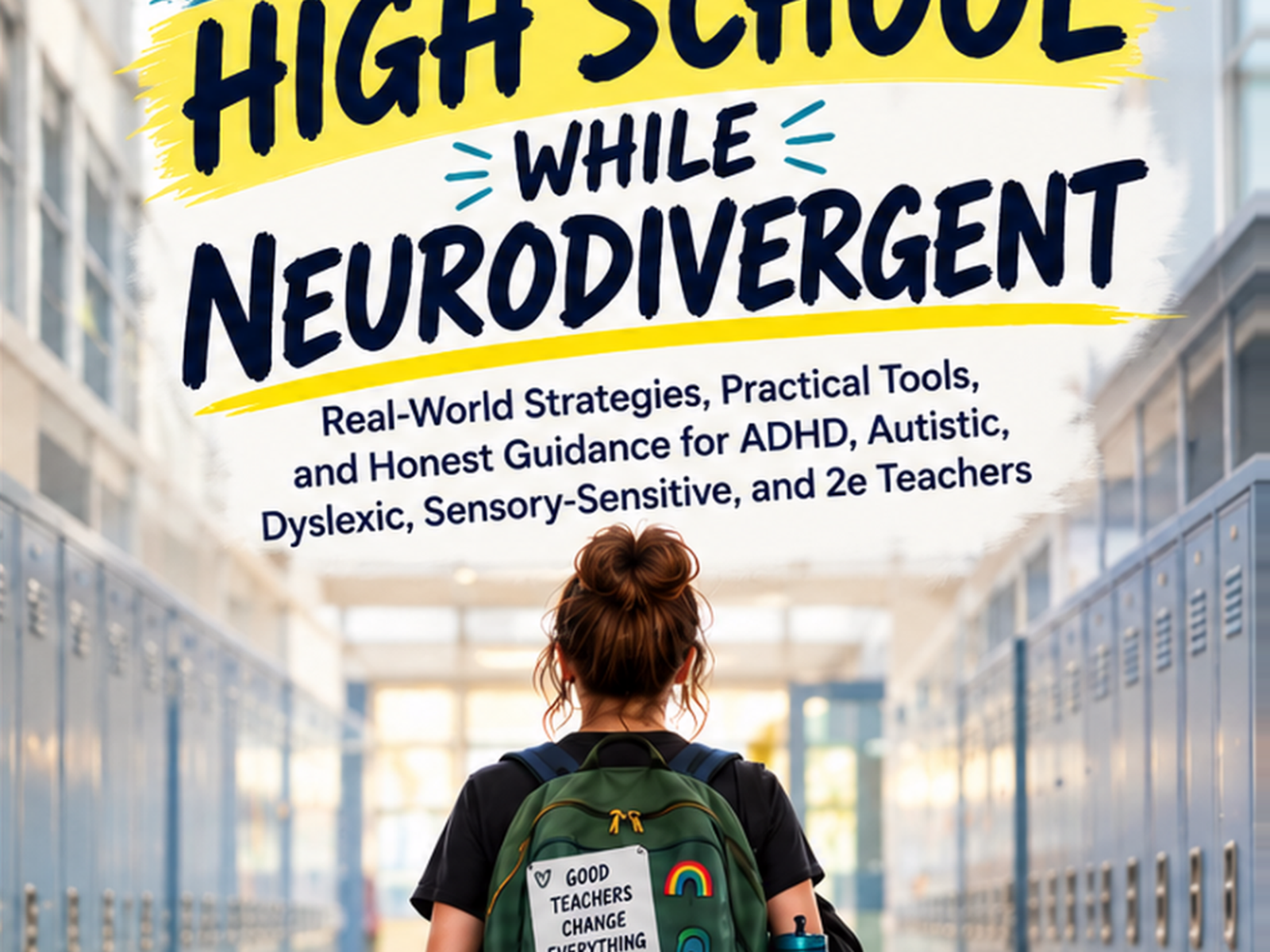 A person with a backpack standing in a school hallway, looking at a large poster that reads 'High School While Neurodivergent' and includes additional text about strategies and guidance for neurodivergent students.