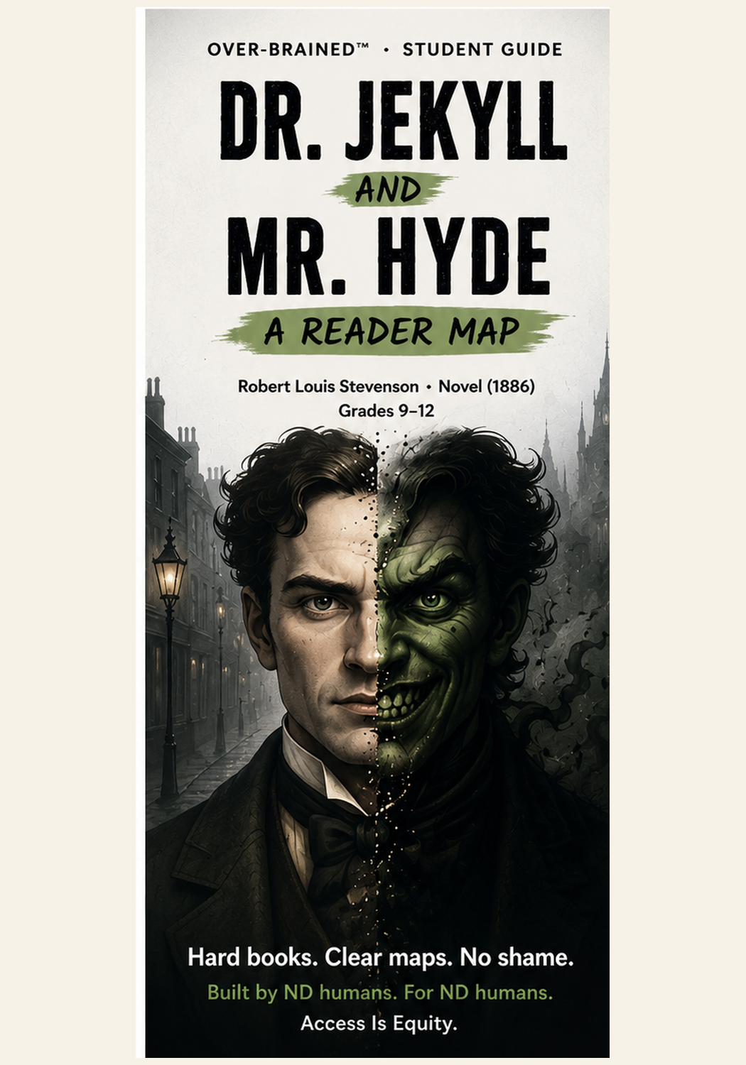 Cover of a student guide for 'Dr. Jekyll and Mr. Hyde,' featuring a split portrait with one side showing a man in a tuxedo and the other side a green, monstrous version of the same man. Background of a foggy city street with Victorian-style buildings and street lamps.