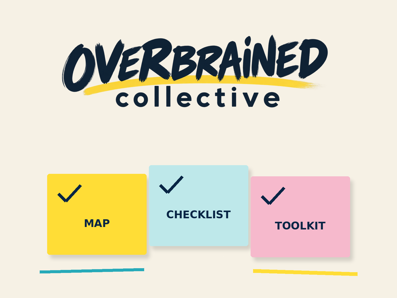 The image shows a logo with the text 'Overbrained Collective' and three colored squares labeled 'Map', 'Checklist', and 'Toolkit', each with check marks.