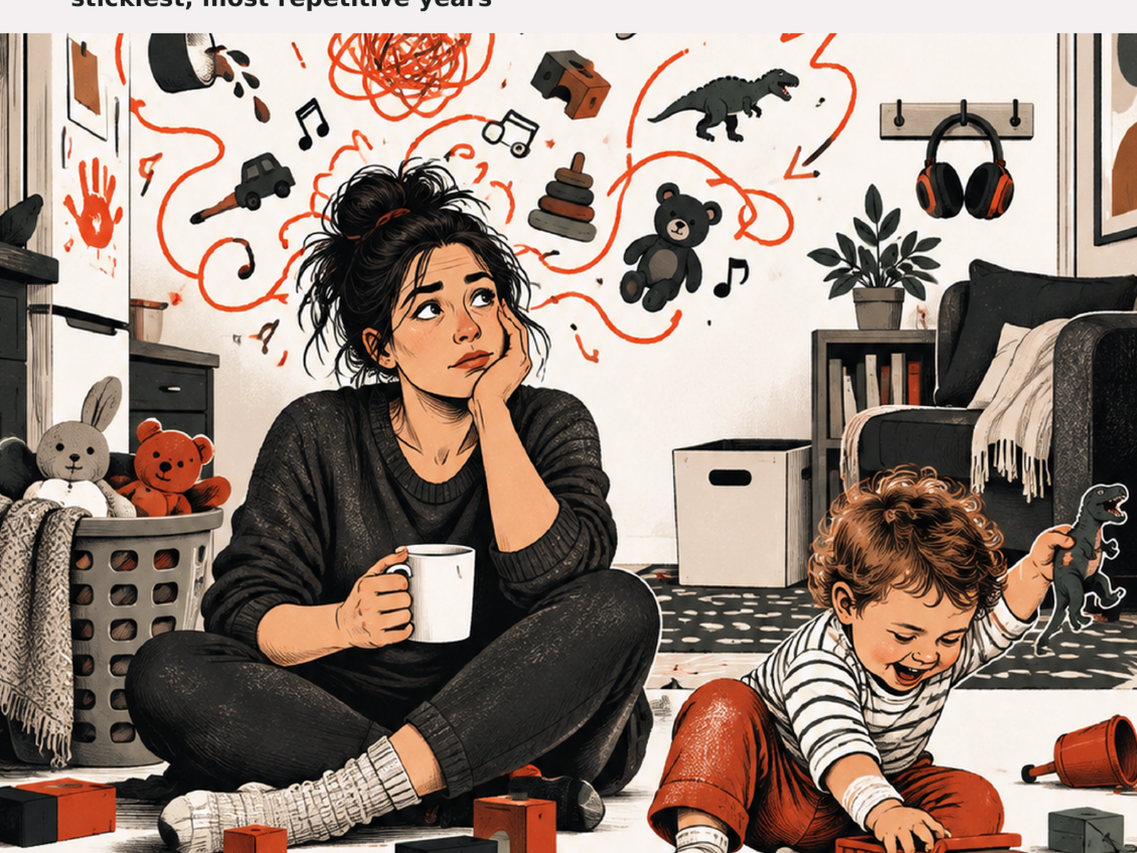 A woman sitting on the floor with a mug, looking thoughtful, with a young boy playing with a toy dinosaur nearby. The room has toys, stuffed animals, and wall decorations including a Teddy bear, toy cars, a rack with headphones, and drawings of animals and music notes.