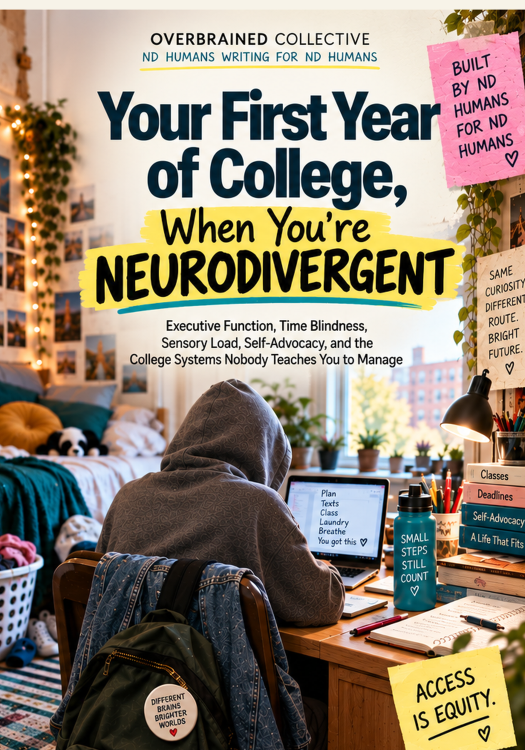 A person with a hoodie sitting at a cluttered desk with a laptop, water bottle, and books, in a cozy room decorated with posters and string lights, studying for college. The image includes motivational notes and slogans related to neurodivergent college students.