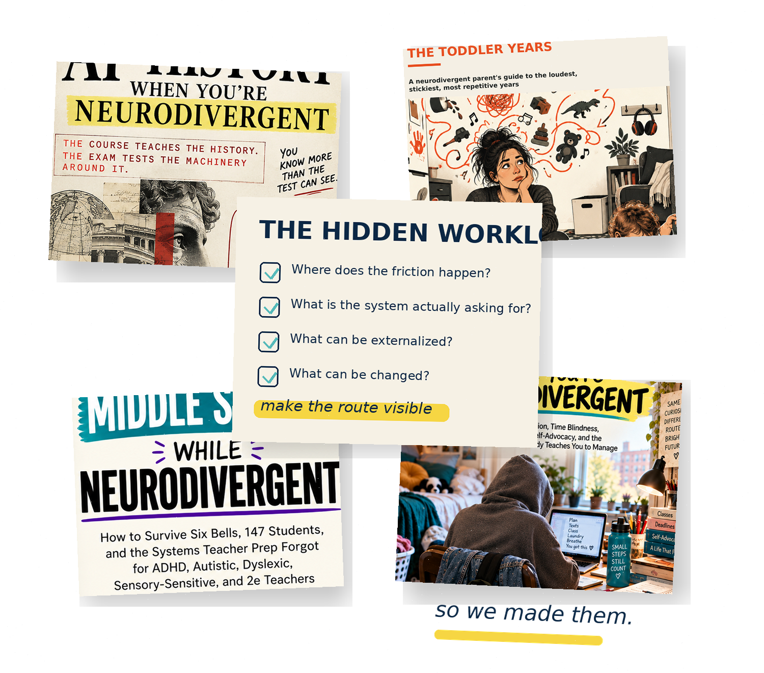 A collage of Overbrained book covers and working notes.