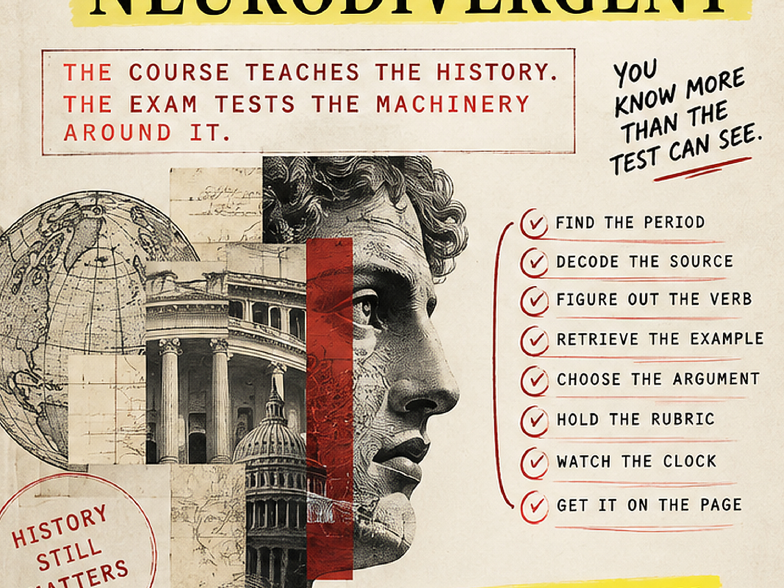 Summary of steps for effective research and test preparation, including find the period, decode the source, figure out the verb, retrieve the example, choose the argument, hold the rubric, watch the clock, and get it on the page. Includes illustrations of a globe, architectural elements, and a sculpted human face with a collage style.
