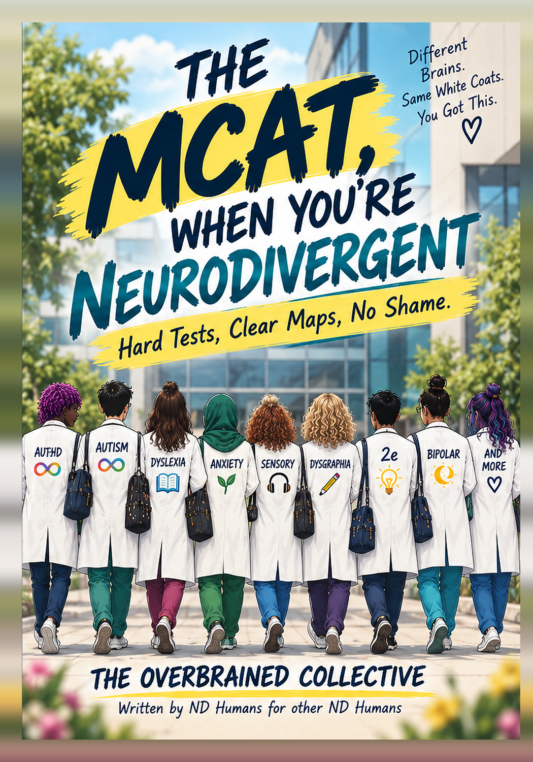 Cover of a book titled 'The McAt, When You're NeuroDivergent' featuring a diverse group of people with laboratory coats, showing various neurodivergent conditions or identities, walking away from the camera in an outdoor setting with trees and a building.