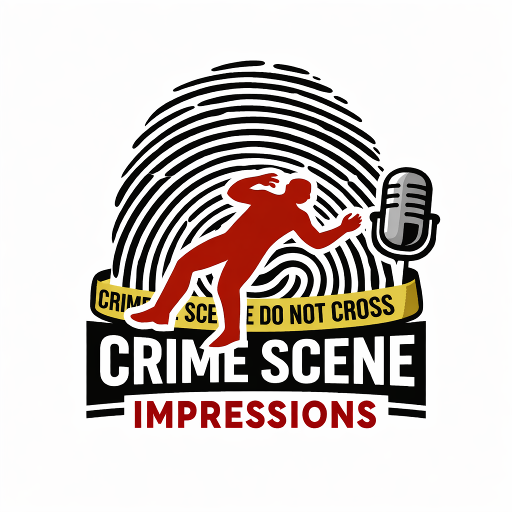 A graphic design featuring a fingerprint background with a silhouette of a person in red, a microphone, and crime scene tape reading "Crime Scene Do Not Cross." The text "Crime Scene" is in bold white letters, and "Impressions" is in bold below.