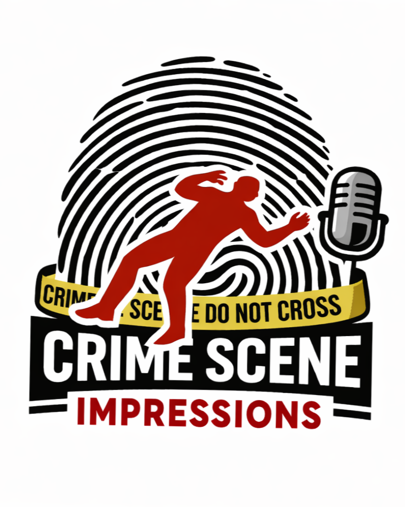 Business Logo, an illustration of a large fingerprint in the background, a red silhouette of a victim lying down, police tape reading 'Crime Scene Do Not Cross,' and a microphone, with the text 'Crime Scene Impressions' at the bottom.