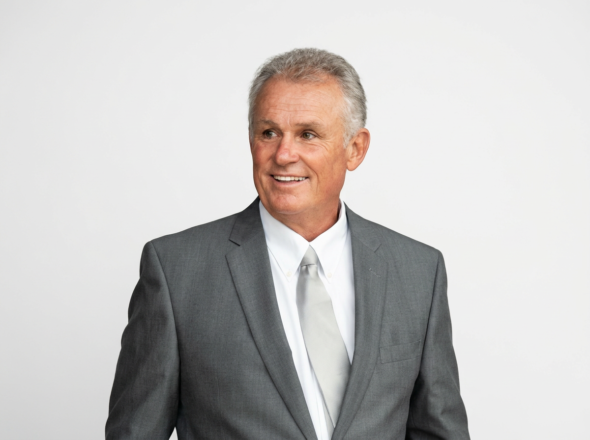 A smiling middle-aged man in a grey suit with a white shirt and tie, standing against a plain white background.