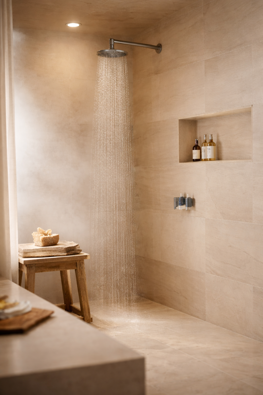 A walk-in shower with a ceiling-mounted rain shower head, beige tile walls and floor, built-in wall niche with two bottles, and a small wooden bench with soap and a sponge on it.