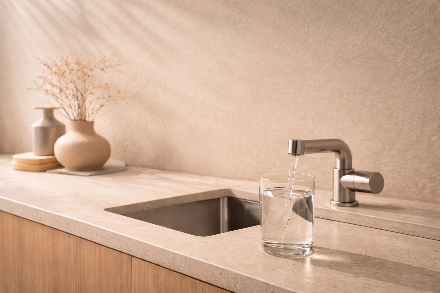 Kitchen sink with a glass of water under the faucet, decorative vases, and dried flowers on a beige countertop.