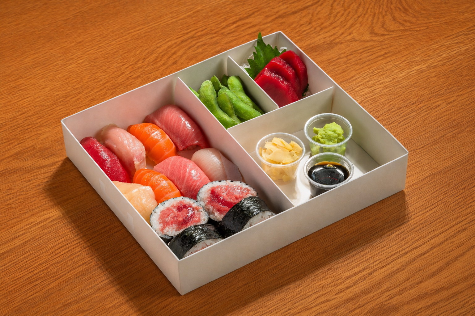 Hi.Dozo The Dozo omakase box — eight pieces of premium nigiri, sashimi, and maki