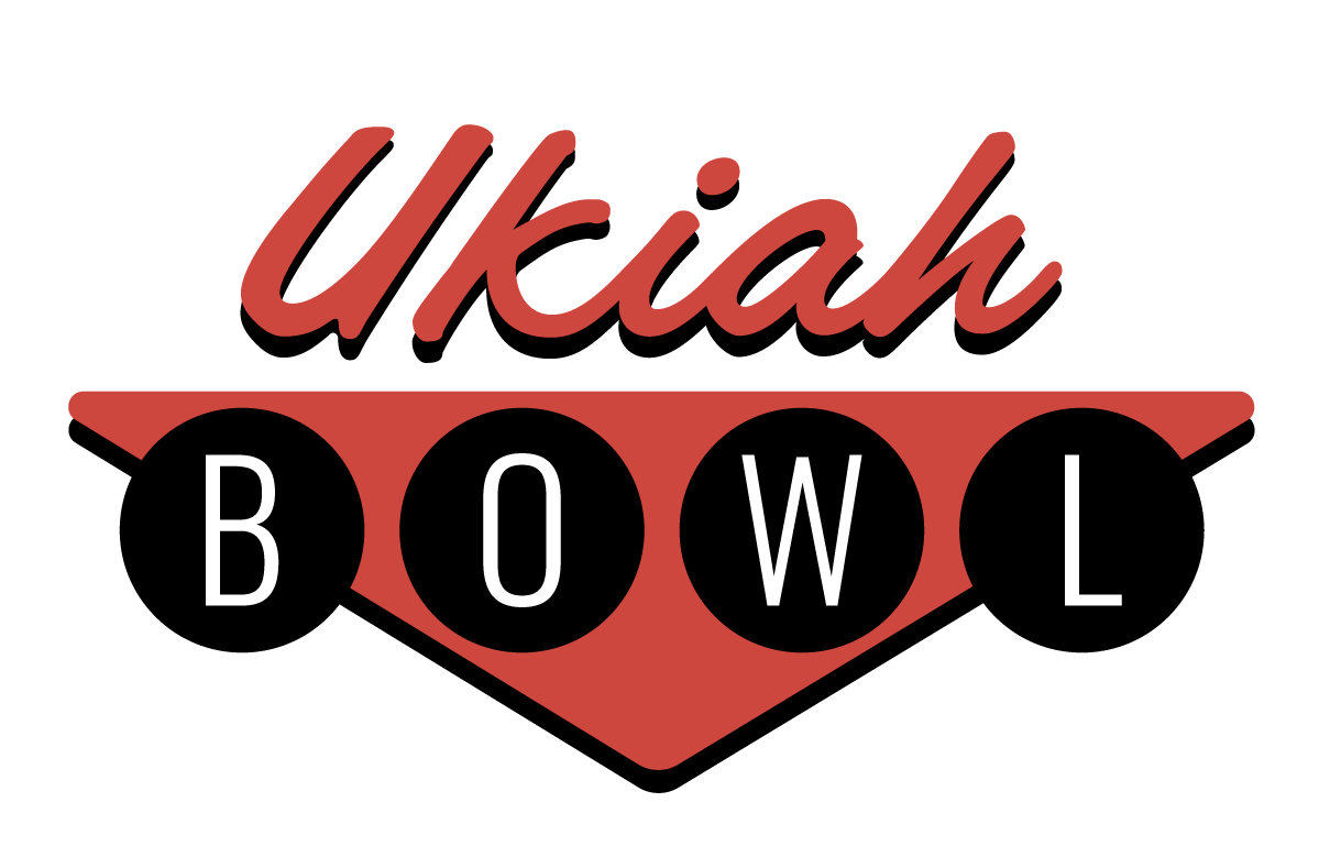 Logo for Ukiah Bowl featuring the text 'Ukiah' in red cursive above a red bowling pin shape with the words 'BOWL' inside black circles.