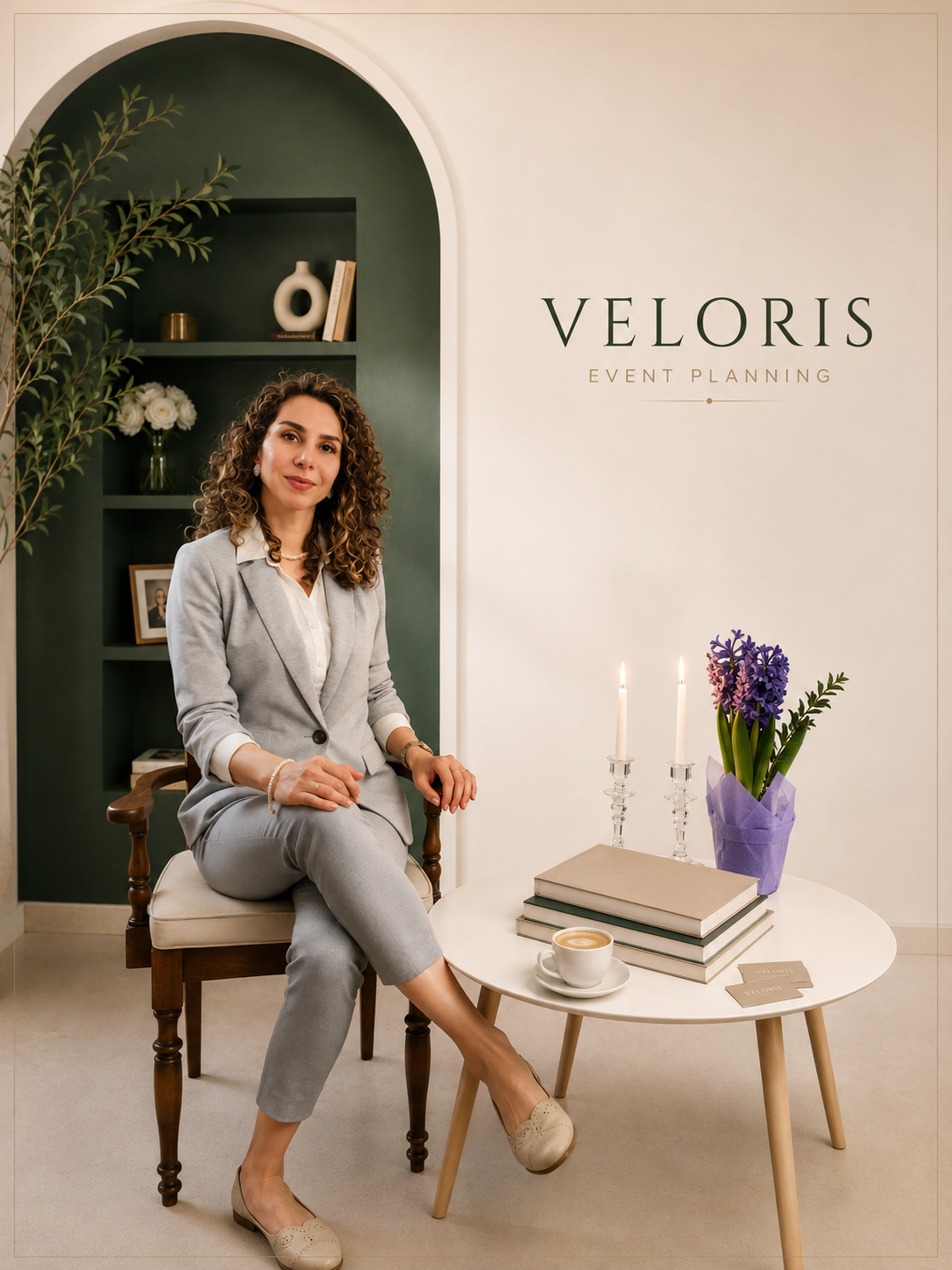 A woman sitting on a wooden chair at a table in an office or reception area with a sign that reads 'Veloris Event Planning.' The table has a stack of books, a cup of coffee, candle holders with lit candles, and a purple vase with flowers. The background features a green wall with shelves holding decorative objects and a framed photo.
