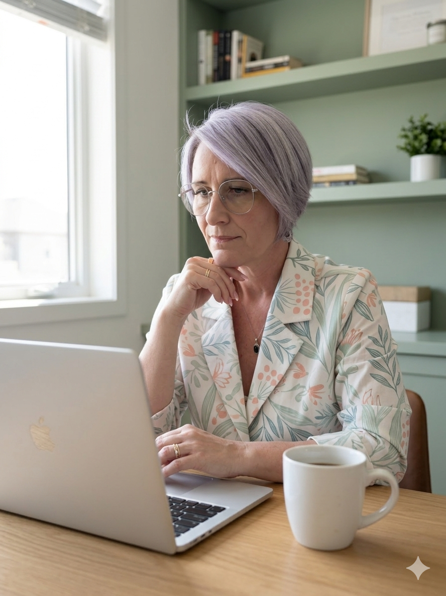 A middle-aged woman with short, light purple hair and glasses sitting at a wooden table, working on a silver MacBook laptop with a coffee mug beside her, in a room with green shelves and a window.