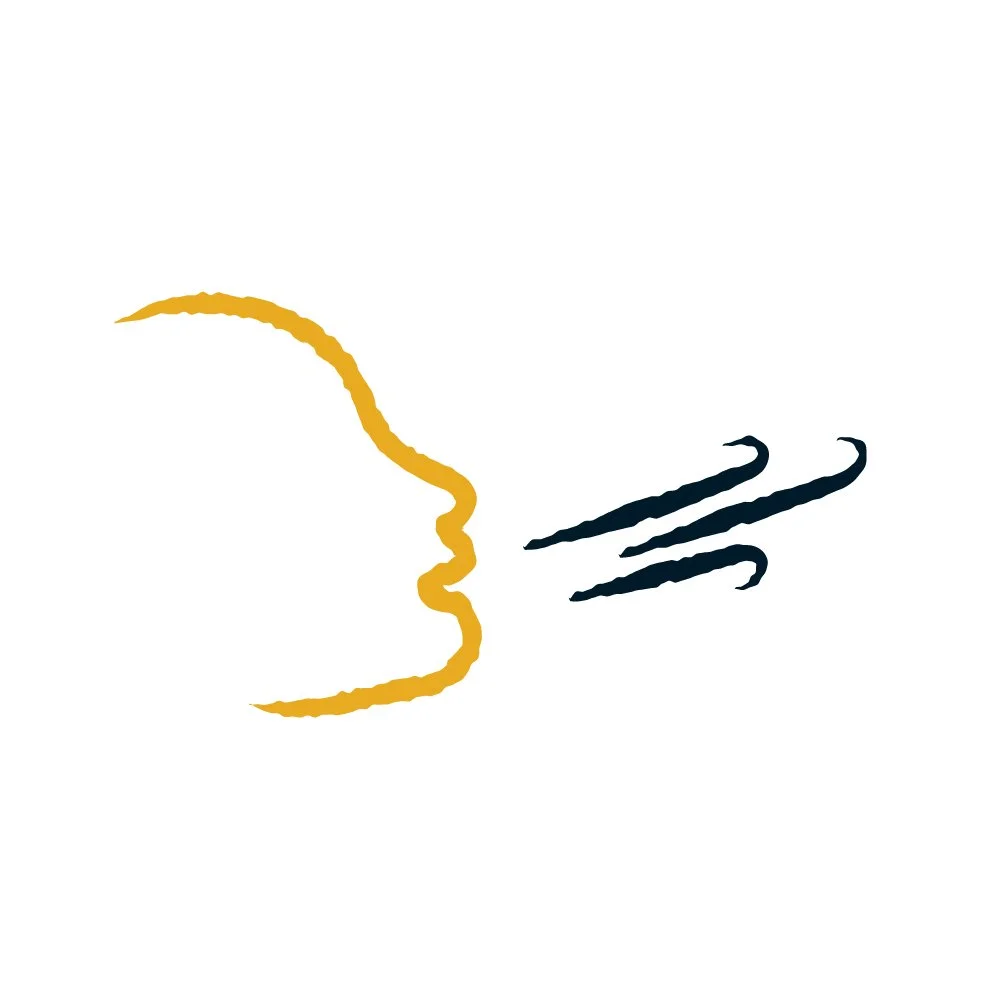 Outline of a human face in profile blowing air or wind represented by three black lines.