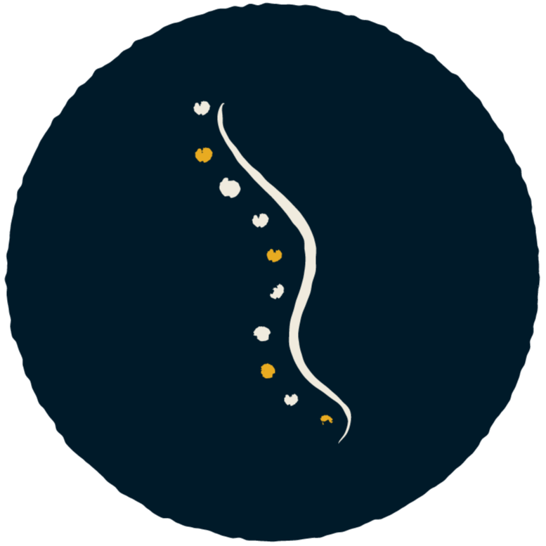 Illustration of a human spine with alternating white and yellowish dots along its length, set against a dark circular background.