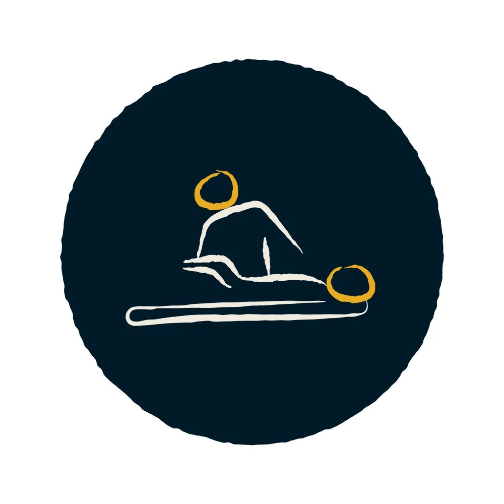 Minimalist abstract line art of a person sitting with two circles around the head and hand, on a black circular background.
