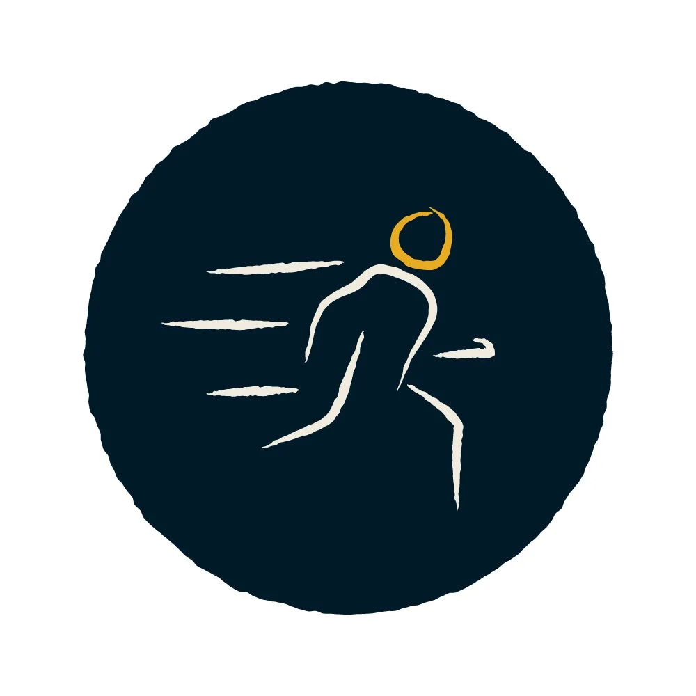 Abstract illustration of a person running, with a yellow circle around their head, inside a black circular background.