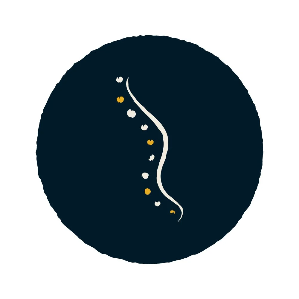 Minimalist design of a dark circle with a white wavy line running through the center and small white and yellow dots along it.