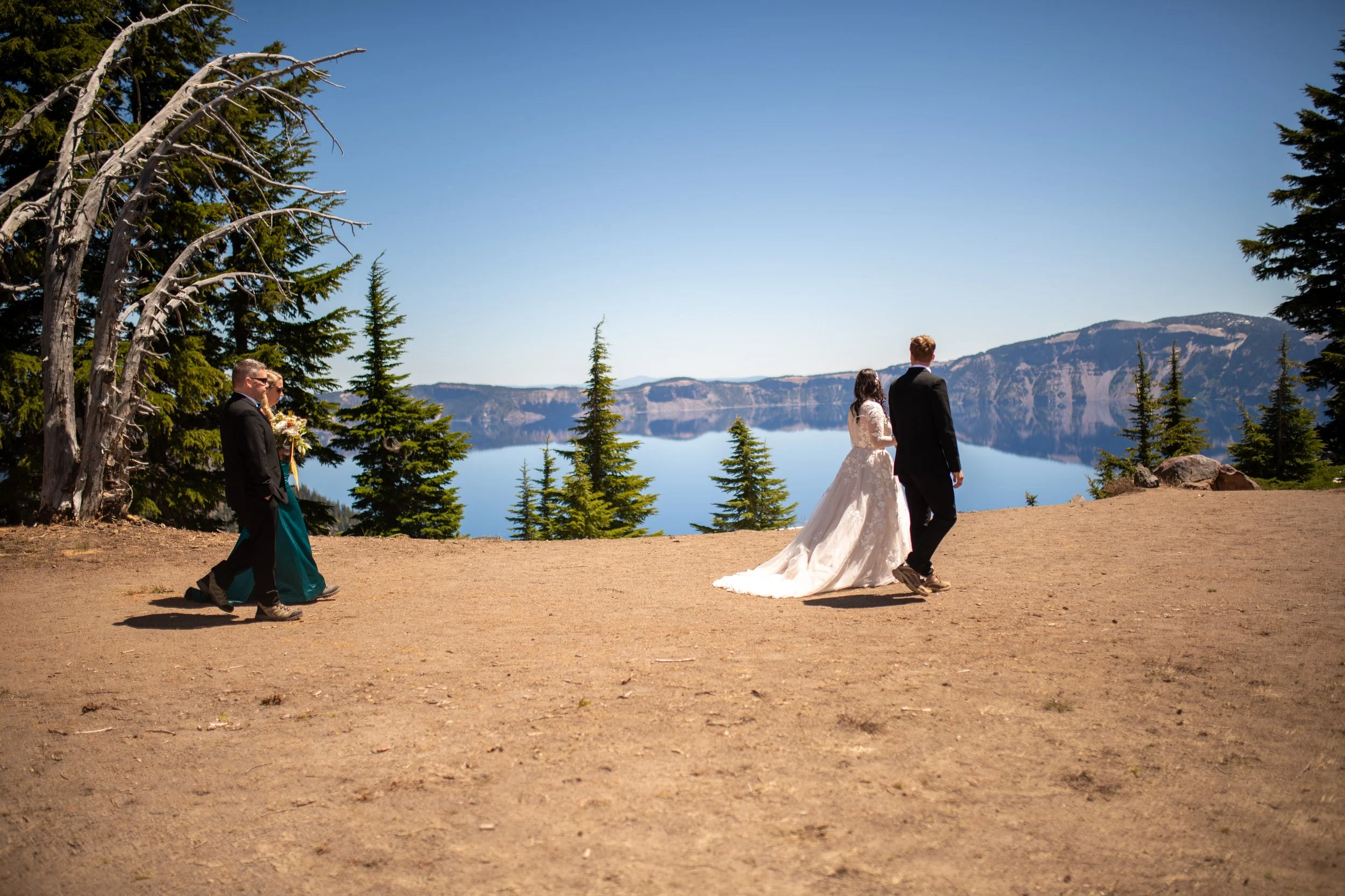 A couple dressed in wedding attire walking together in a natural outdoor setting with trees and mountains in the background, overlooking a lake, during a sunny day.