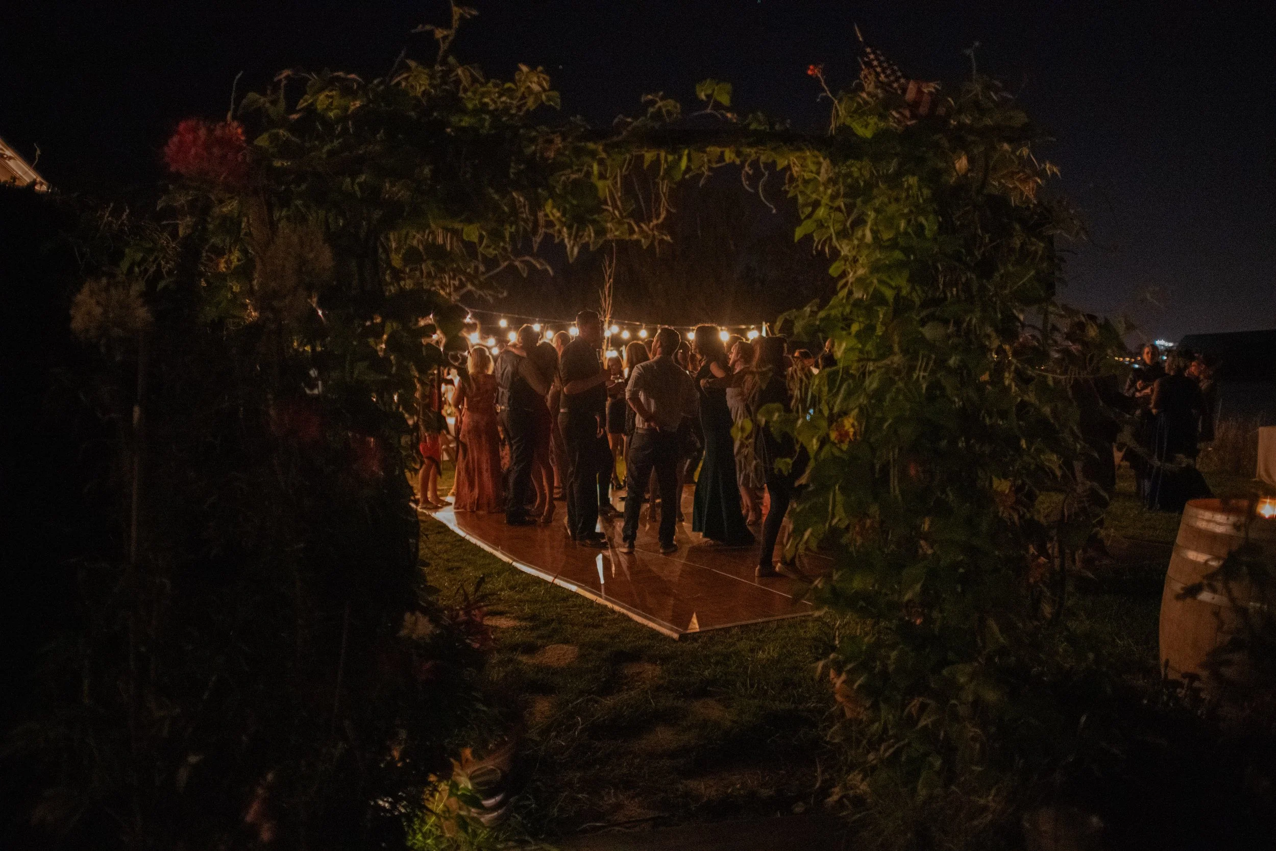 Nighttime outdoor gathering with people dancing and socializing under string lights, framed by archway of vines and leaves.