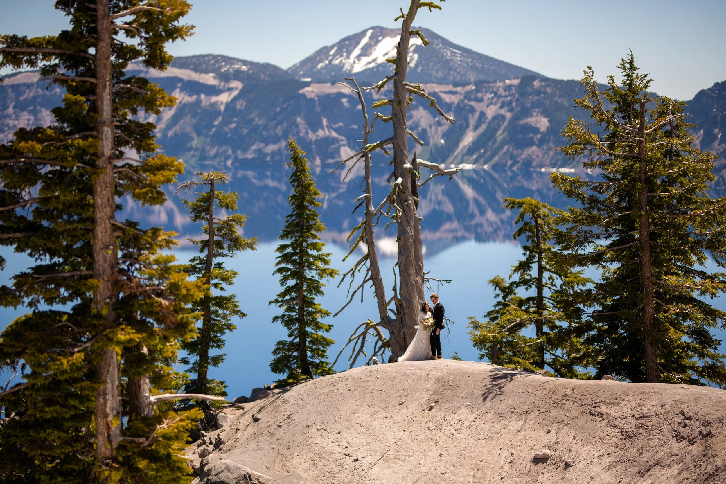 A bride and groom standing on a rocky outcrop in a forested area with tall pine trees, a mountain with snow patches in the background, and a clear blue sky.