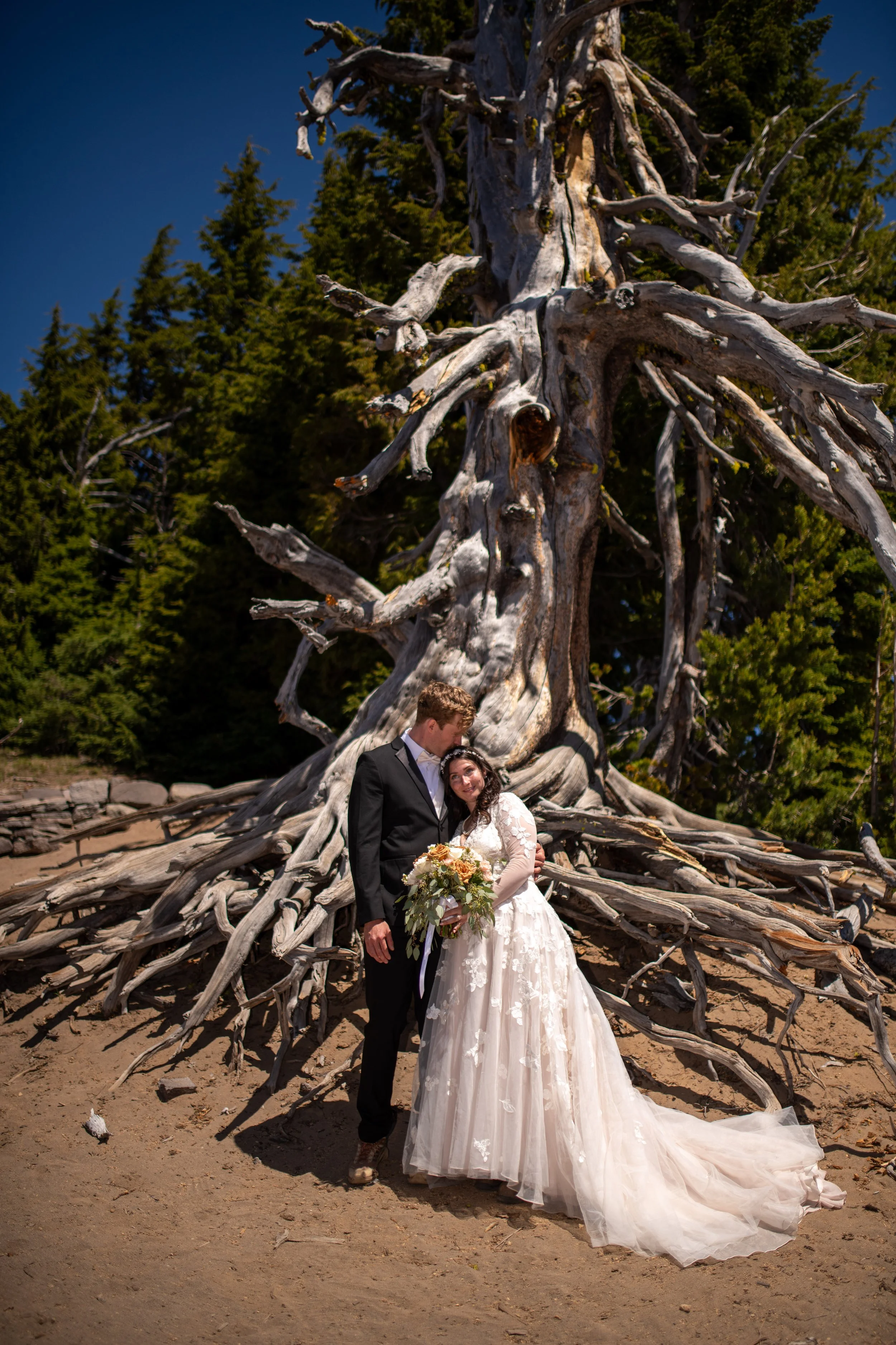 A newlywed couple, the groom in a black suit and the bride in a white wedding gown, embrace and smile under a large, weathered driftwood tree on a sandy beach with green trees and a clear blue sky in the background.