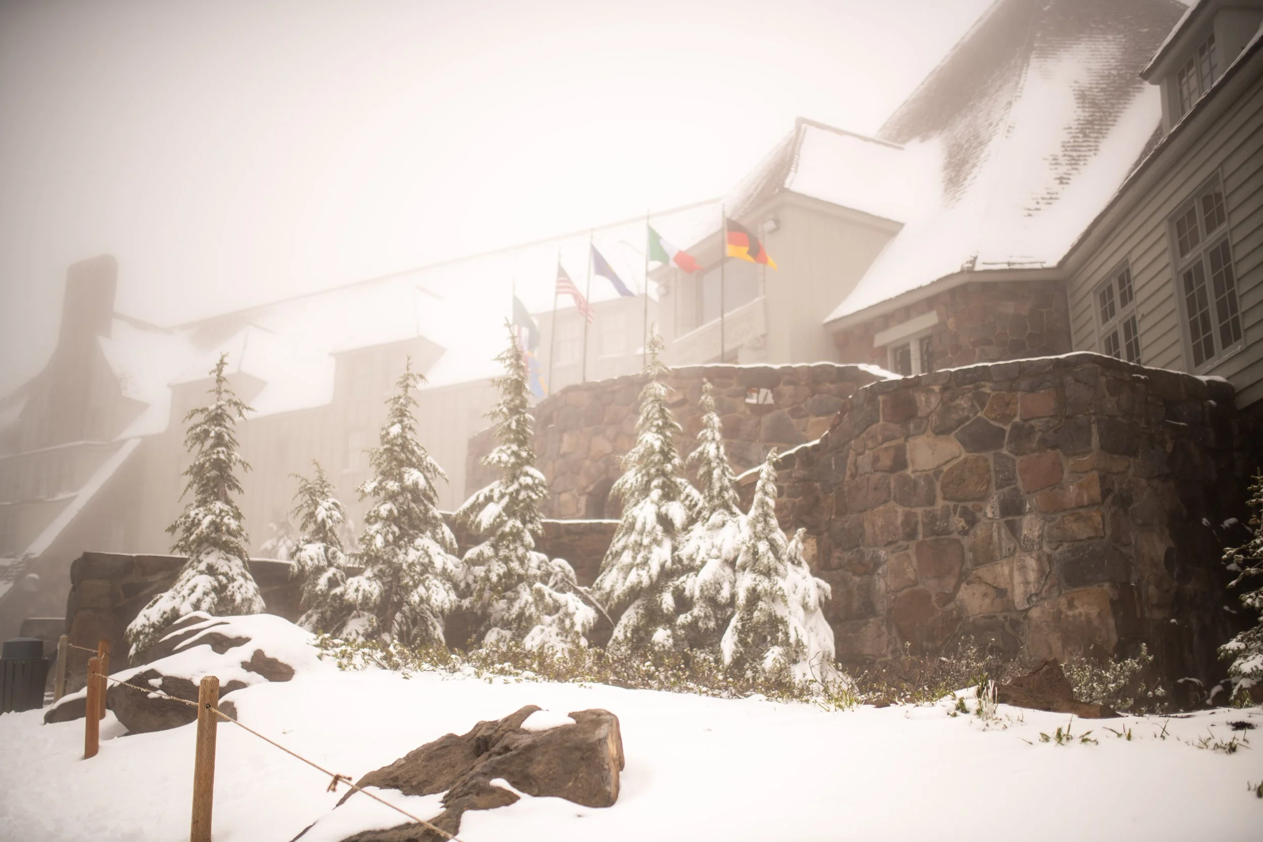 Snow-covered trees and rocks in front of a stone wall and building with flags flying on poles in inclement weather.