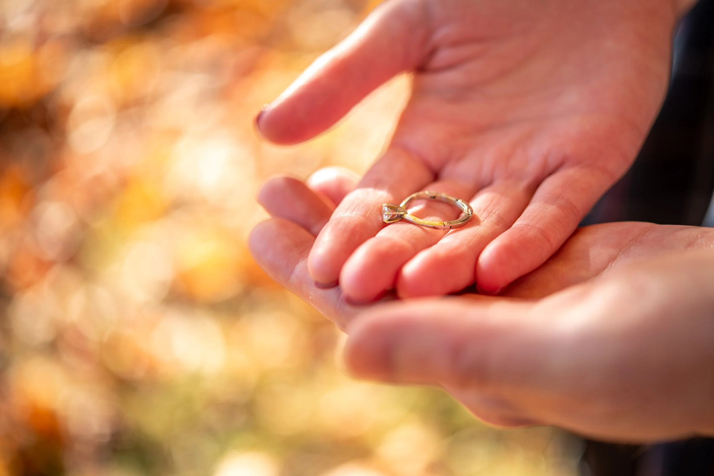 Close-up of a person holding a gold ring with a diamond in the sunlight, with a blurred autumn background.