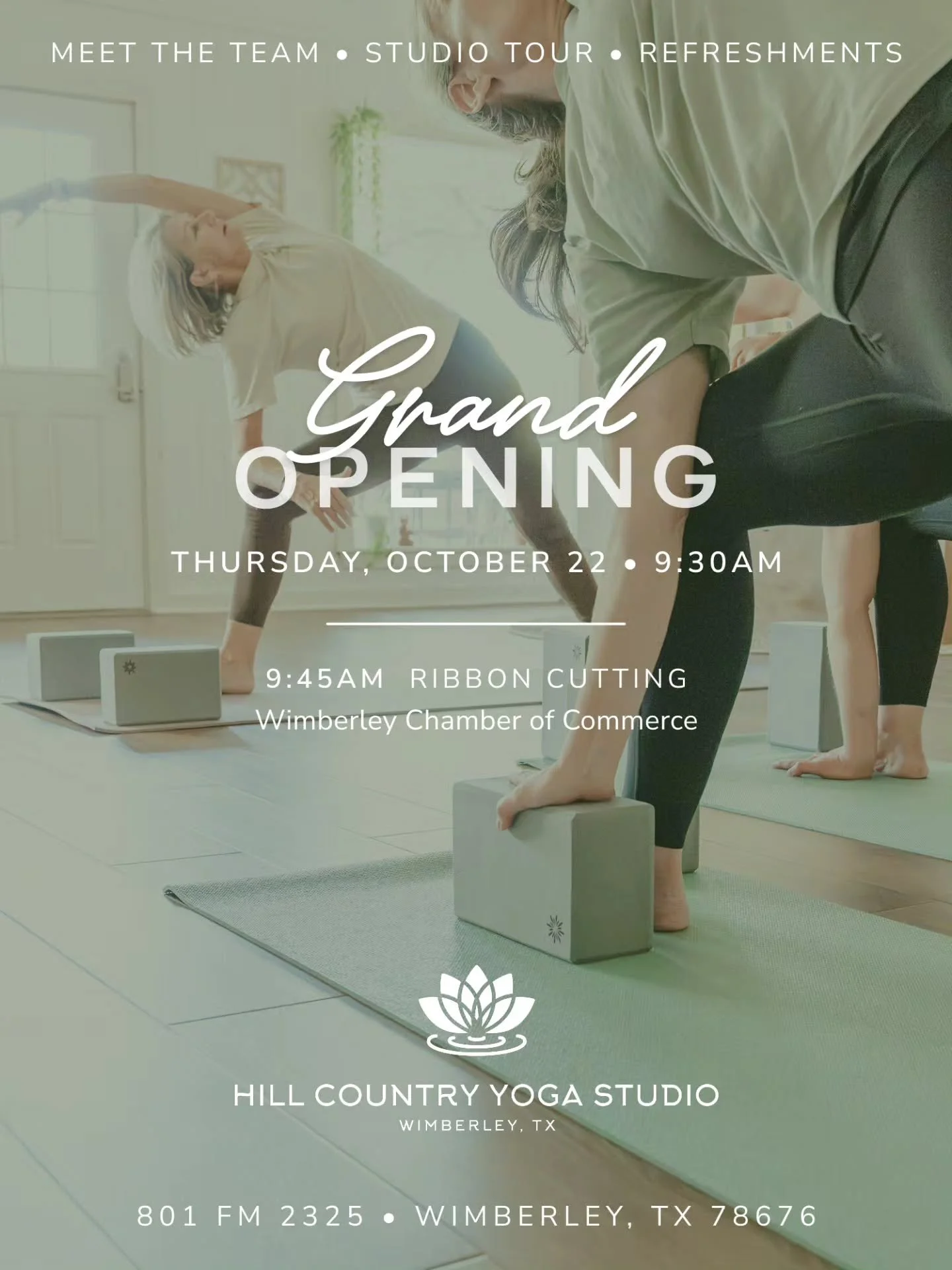 💚🎉Grand Opening🎉💚

Please join us for our Grand Opening and Ribbon Cutting Ceremony with @wimberleychamber Oct 22nd.

🕑 9:30 am to 11am
✨️ Refreshments/studio tour after
📍801 FM 2325, Wimberley, TX 78676

Thank you for welcoming us into this aw