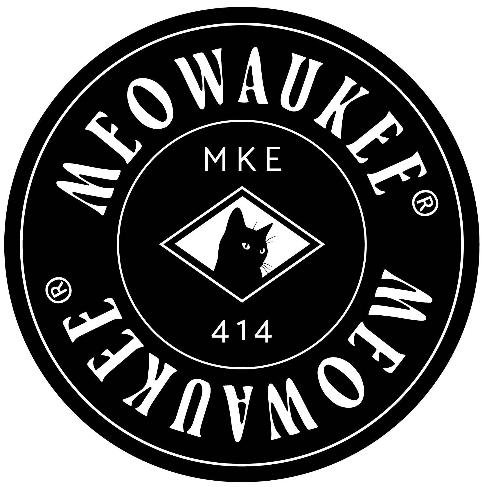 Black and white circular logo with the words "MEOWAUKEE" around the circle, "MKE" and "414" are in the center of the circle, which also features a diamond-shaped emblem with a black cat inside.