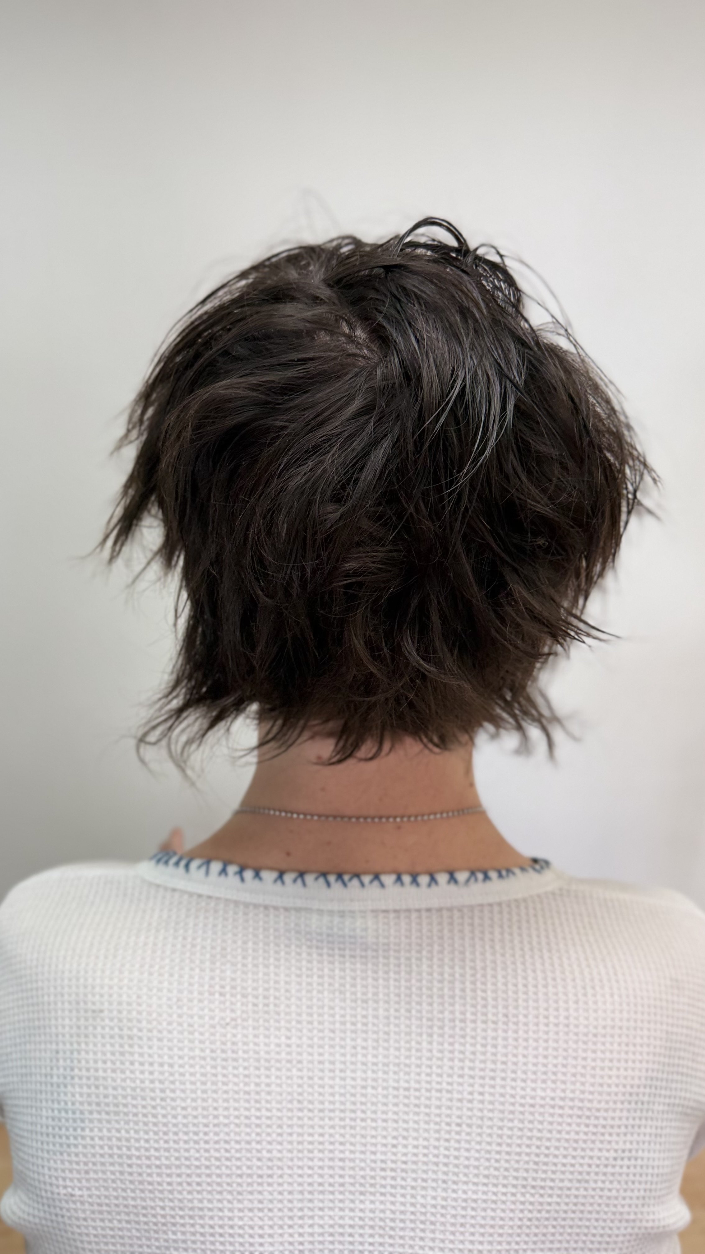 Back of a person with short, tousled dark hair, wearing a white textured shirt with a patterned neckline and a thin necklace.
