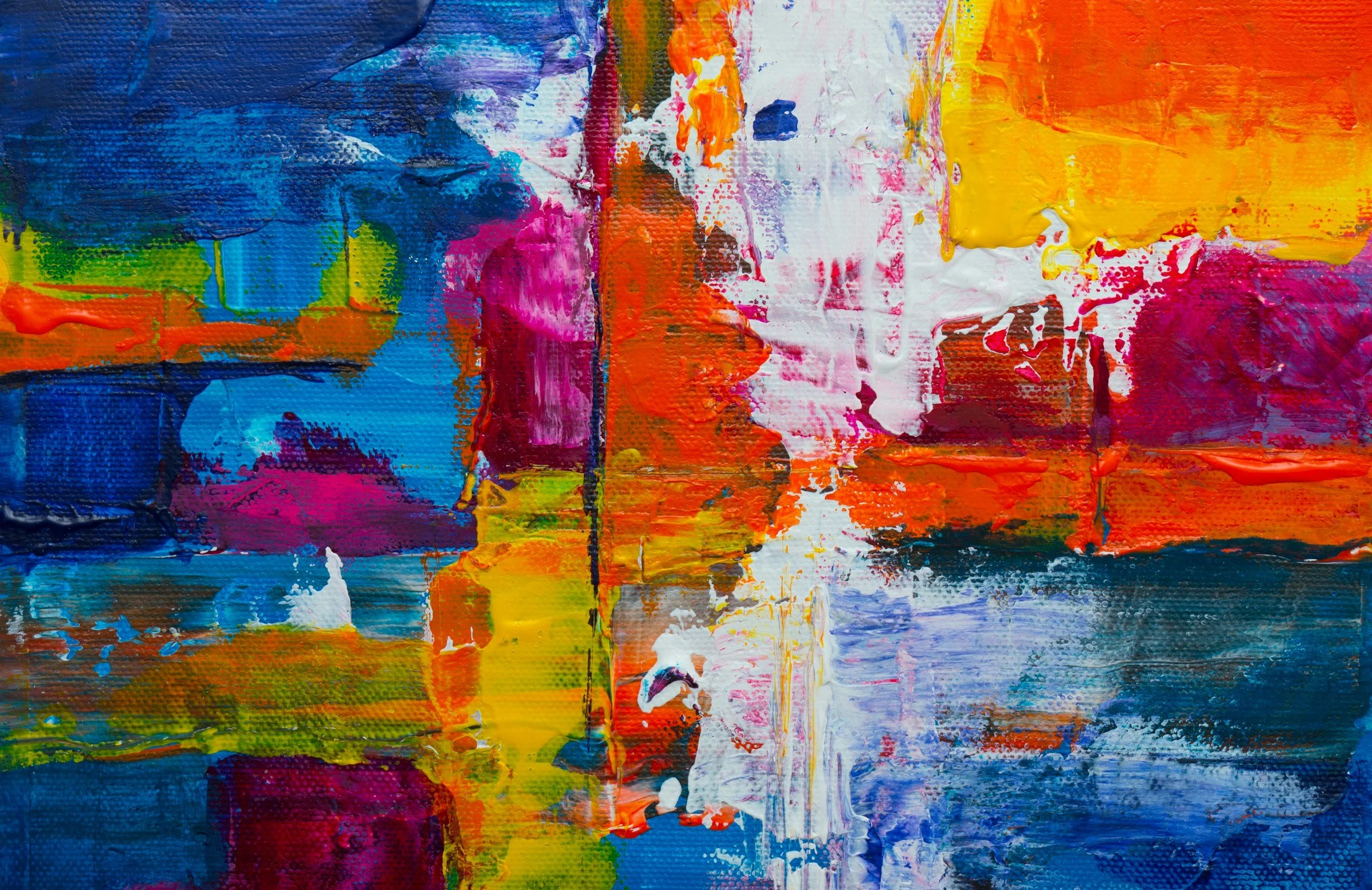 Abstract expressionist painting with thick, vibrant brushstrokes in blue, pink, orange, yellow, white, and purple.