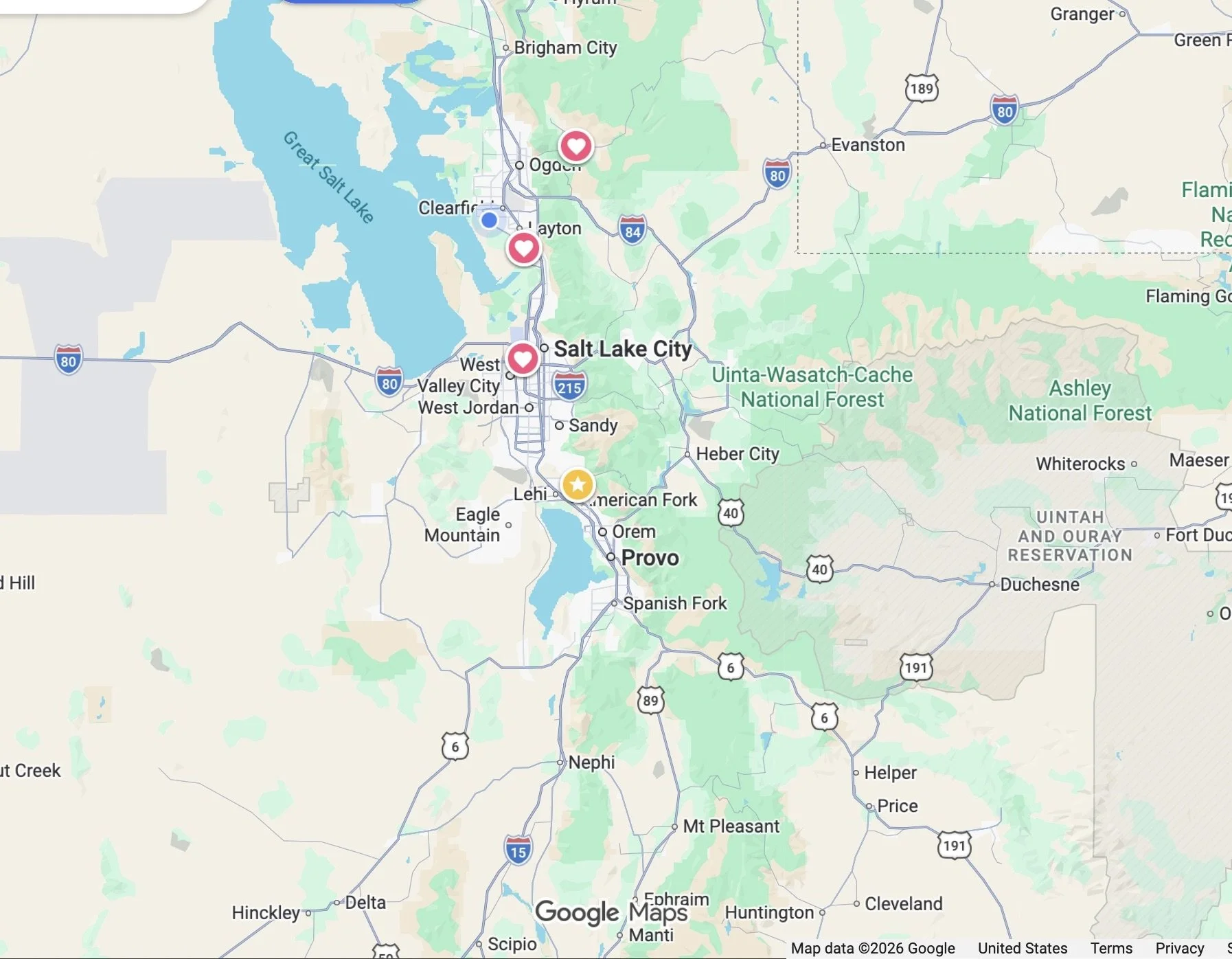 A map showing the Salt Lake City area in Utah with various markers indicating locations.