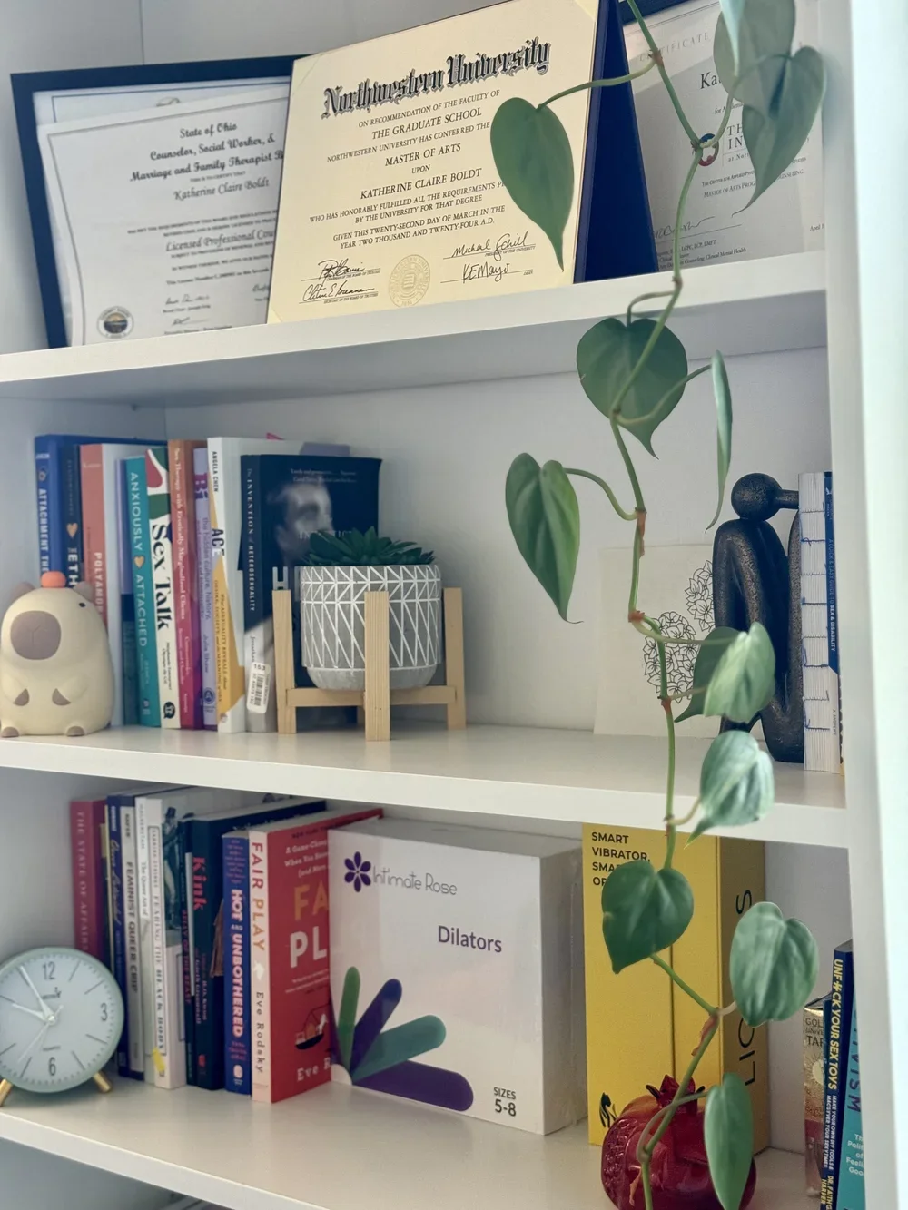 Bookshelf with framed diplomas, a potted plant, books about health and sex education, a small clock, decorative objects, and a red apple shaped container.
