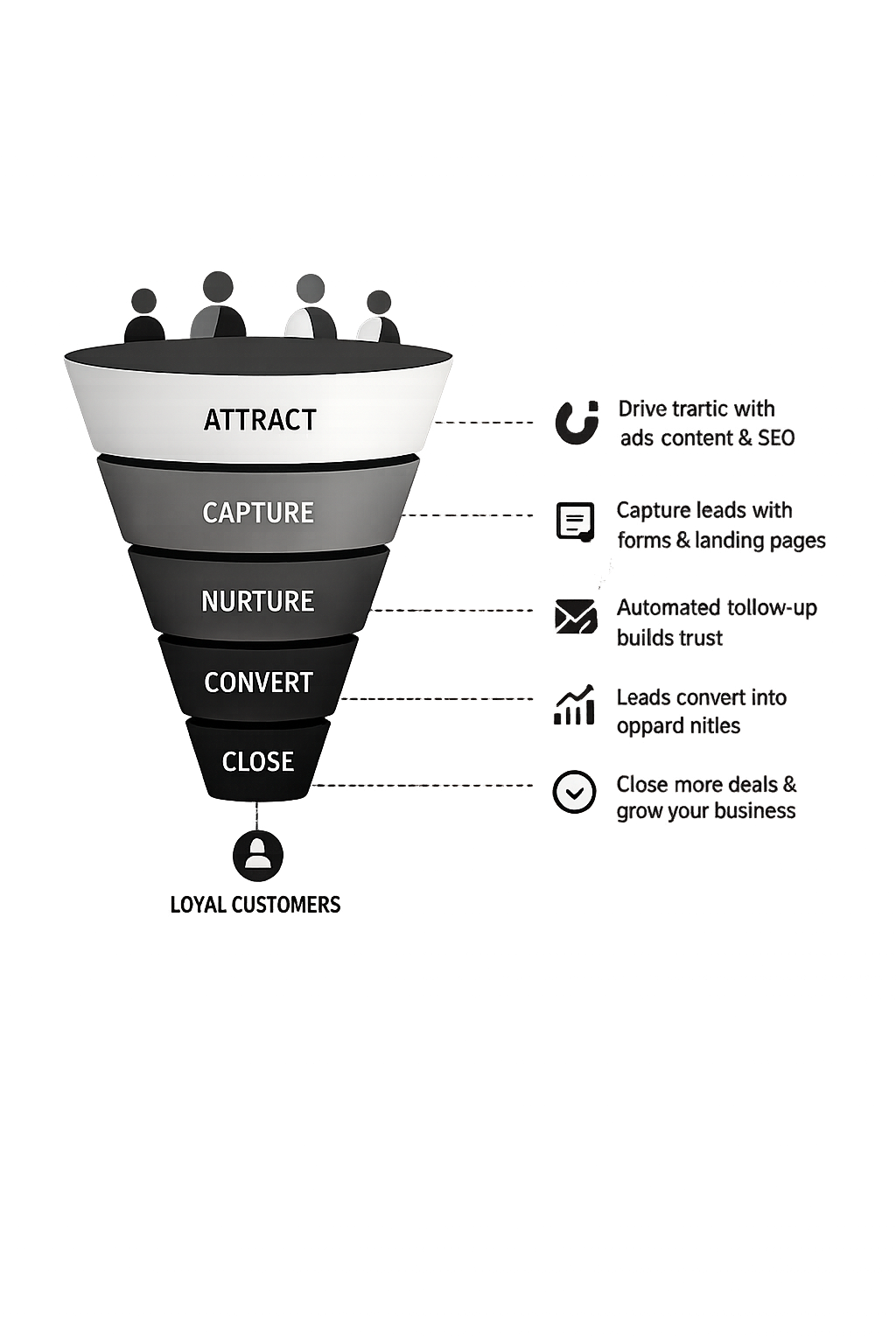 Funnel diagram illustrating five stages: attract, capture, nurture, convert, close, leading to loyal customers. Each stage has icons and descriptions for strategies such as drive traffic with ads and SEO, land with forms and landing pages, build trust with automated follow-up, turn leads into opportunities, and grow your business by closing more deals.
