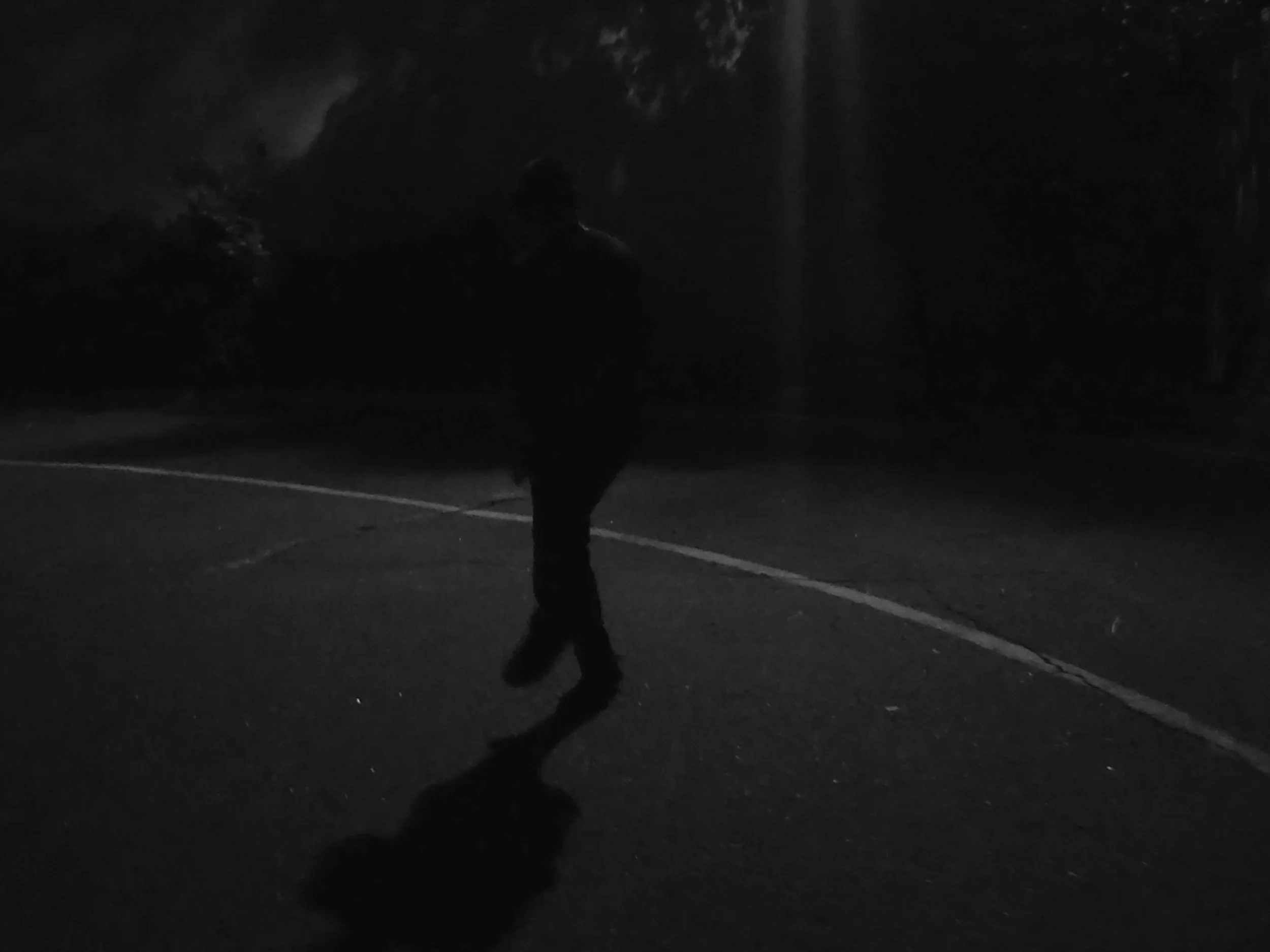 A person walking on a dark, empty street at night, with their shadow clearly visible on the pavement.