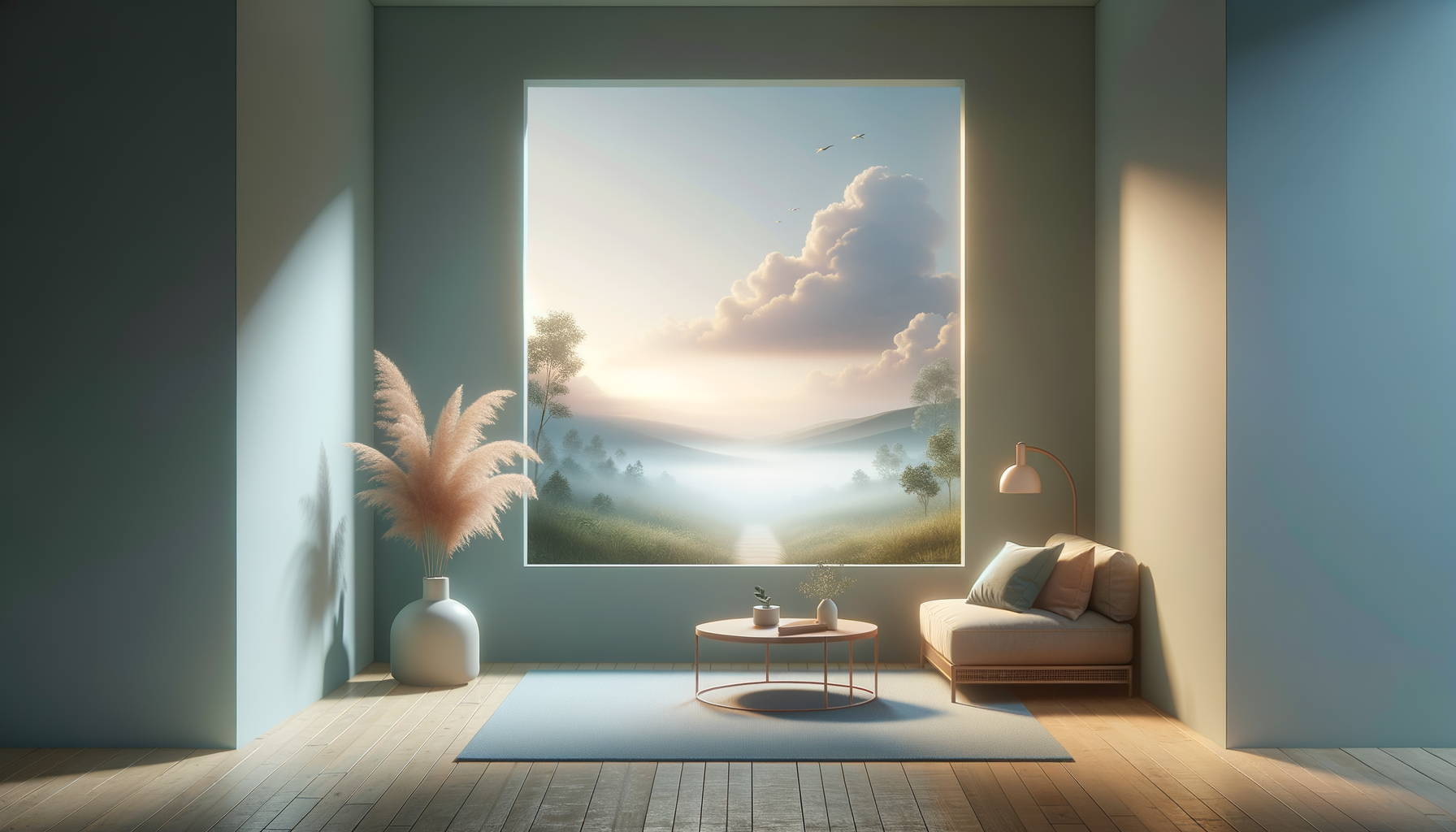A minimalist room with pastel green walls, a large window showing a scenic view of mountains, trees, fog, and clouds at sunrise, a white cushion on a beige sofa, a small round coffee table with a potted plant, a pink floor lamp, a vase with pampas grass, and a blue area rug on wooden flooring.