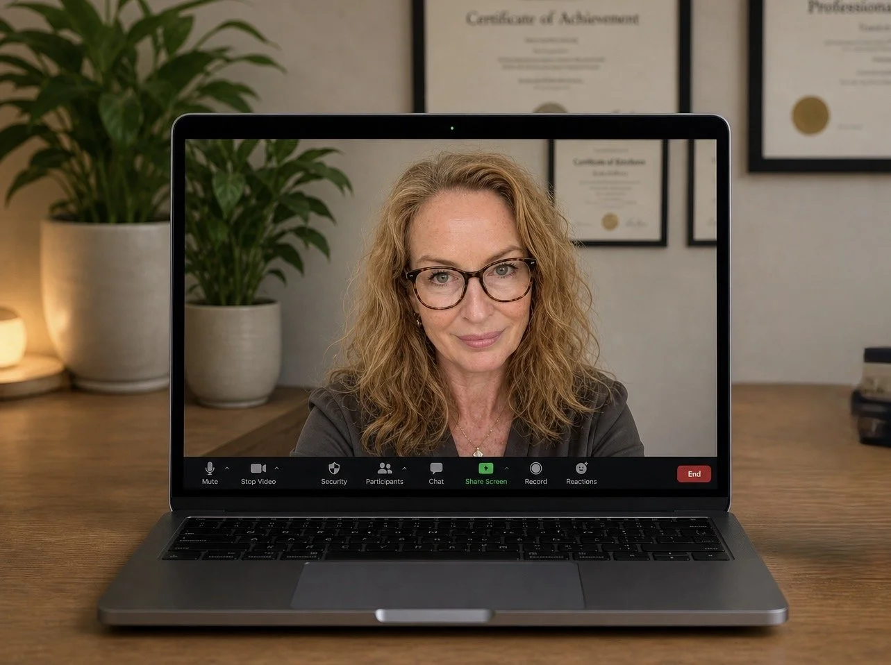 A woman with curly hair and glasses participating in a video call on a laptop, with certificates on the wall behind her.