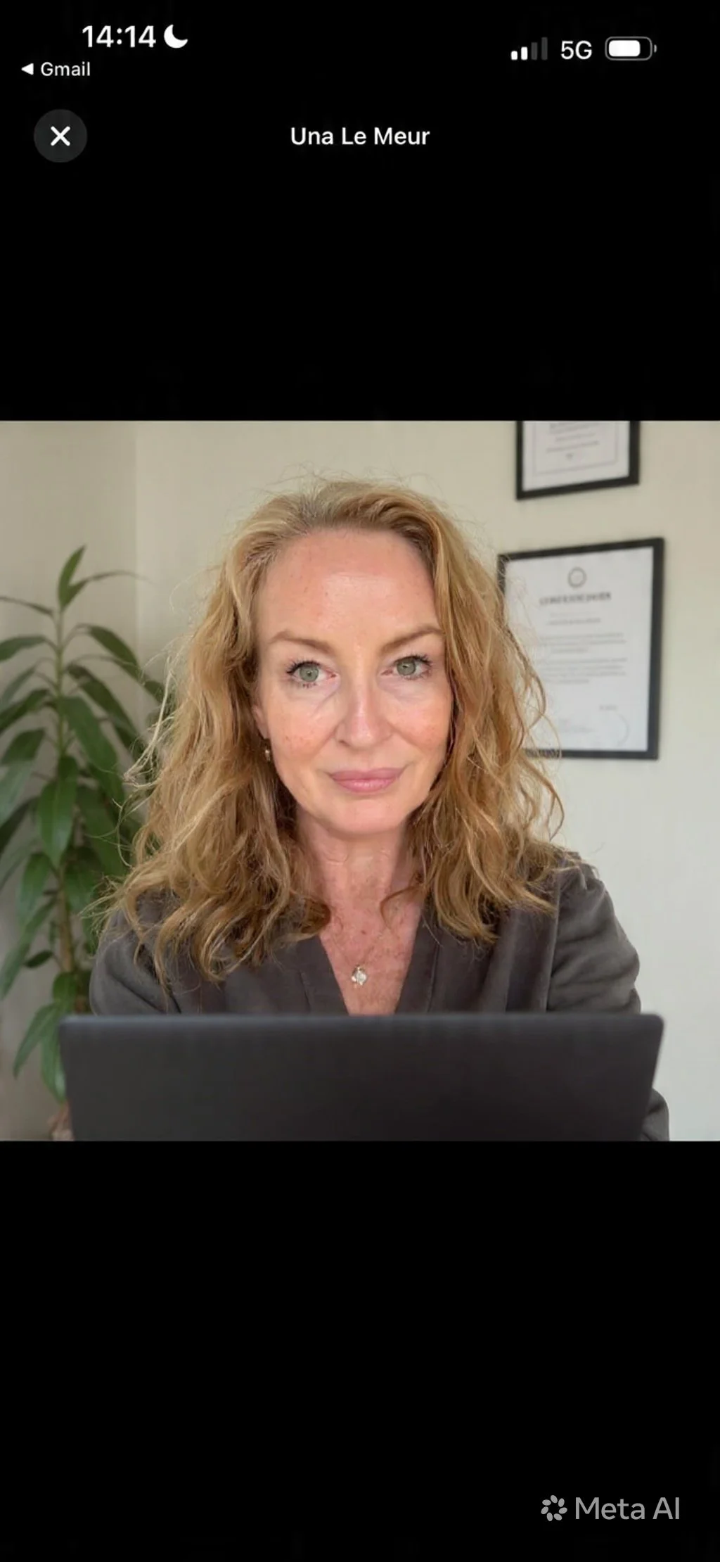 A woman with curly red hair and blue eyes sitting in front of a laptop, in an office with framed certificates on the wall and a potted plant in the background.