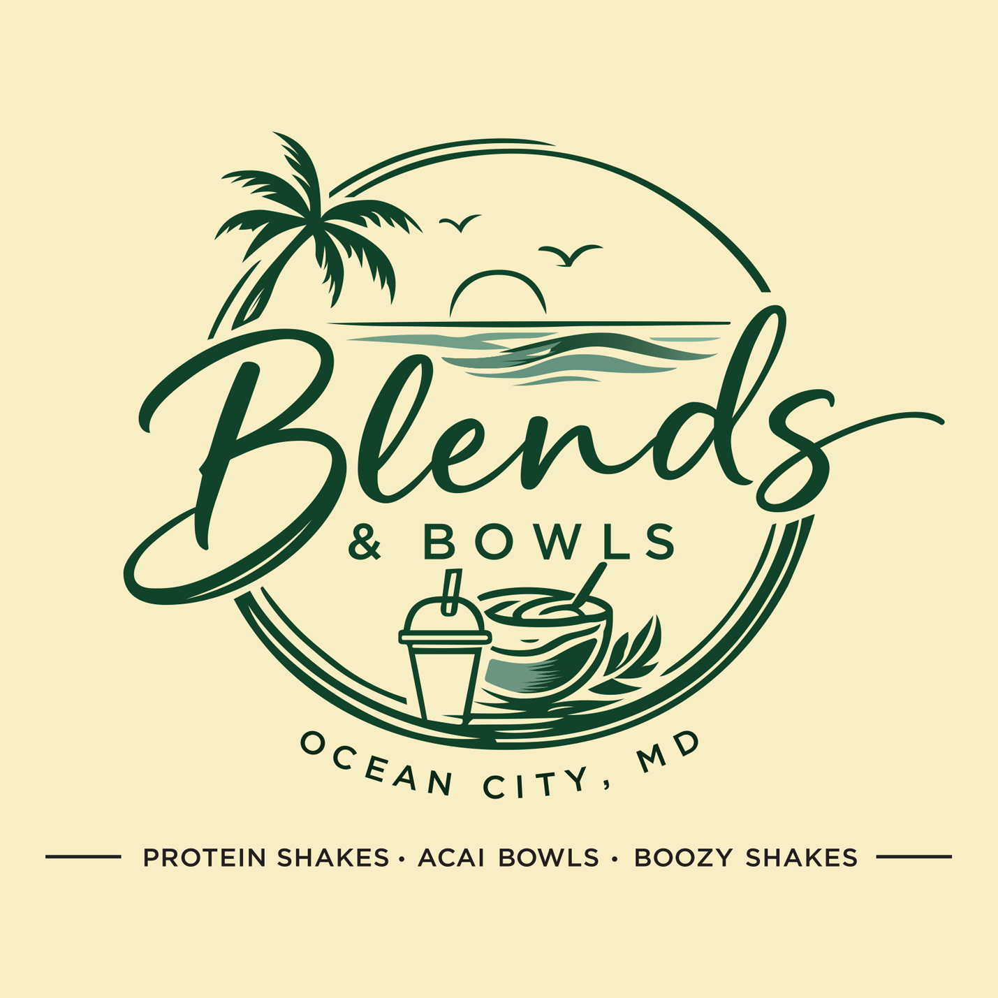 Logo for Blends & Bowls, a business in Ocean City, Maryland, featuring a palm tree, a sunset over water, a smoothie, and an acai bowl with a straw, with text about offerings and location.