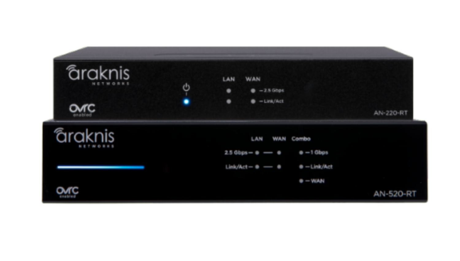 Two black networking devices from Araknis Networks, one labeled AN-220-RT and the other AN-520-RT, with indicator lights and labels for LAN and WAN ports.