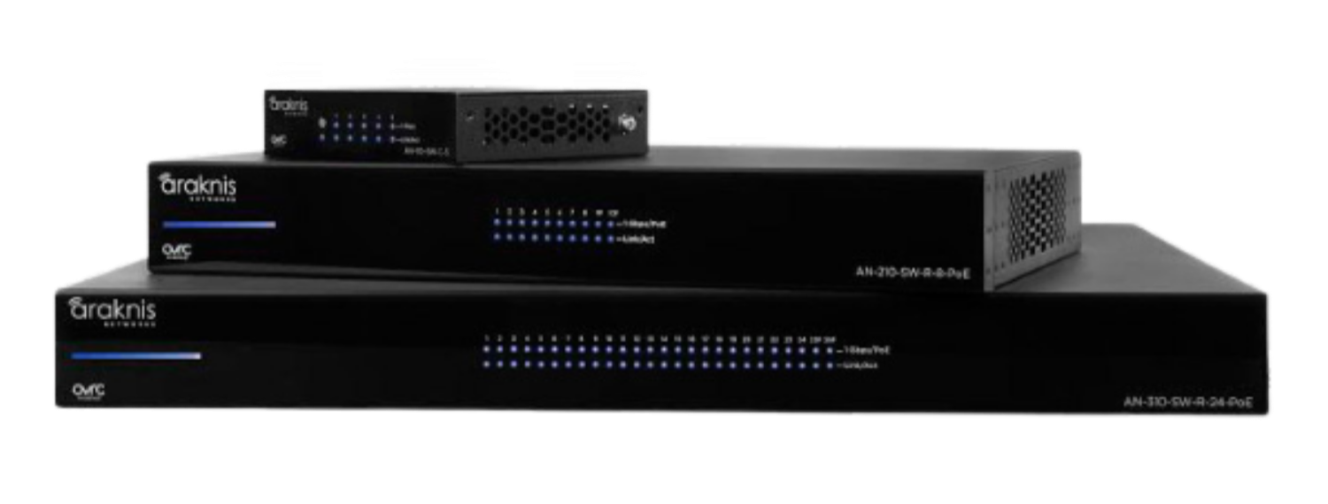 Three black network devices of varying sizes stacked on top of each other, with blue indicator lights and labels.